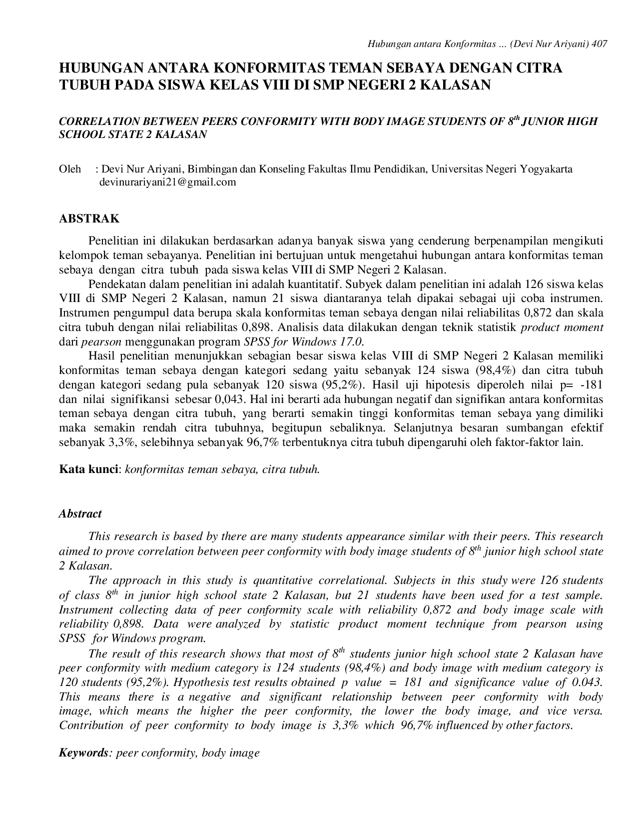 JURIS Hubungan Antara Konformitas Teman Sebaya dengan Citra Tubuh pada Siswa Kelas VIII di SMP Negeri 2 Kalasan