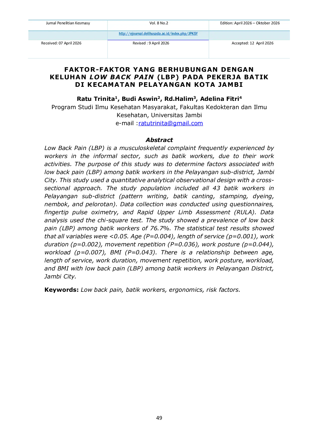 JURIS Factors Associated With Low Back Pain LBP Among Batik Workers In Pelayangan Subdistrict Jambi City