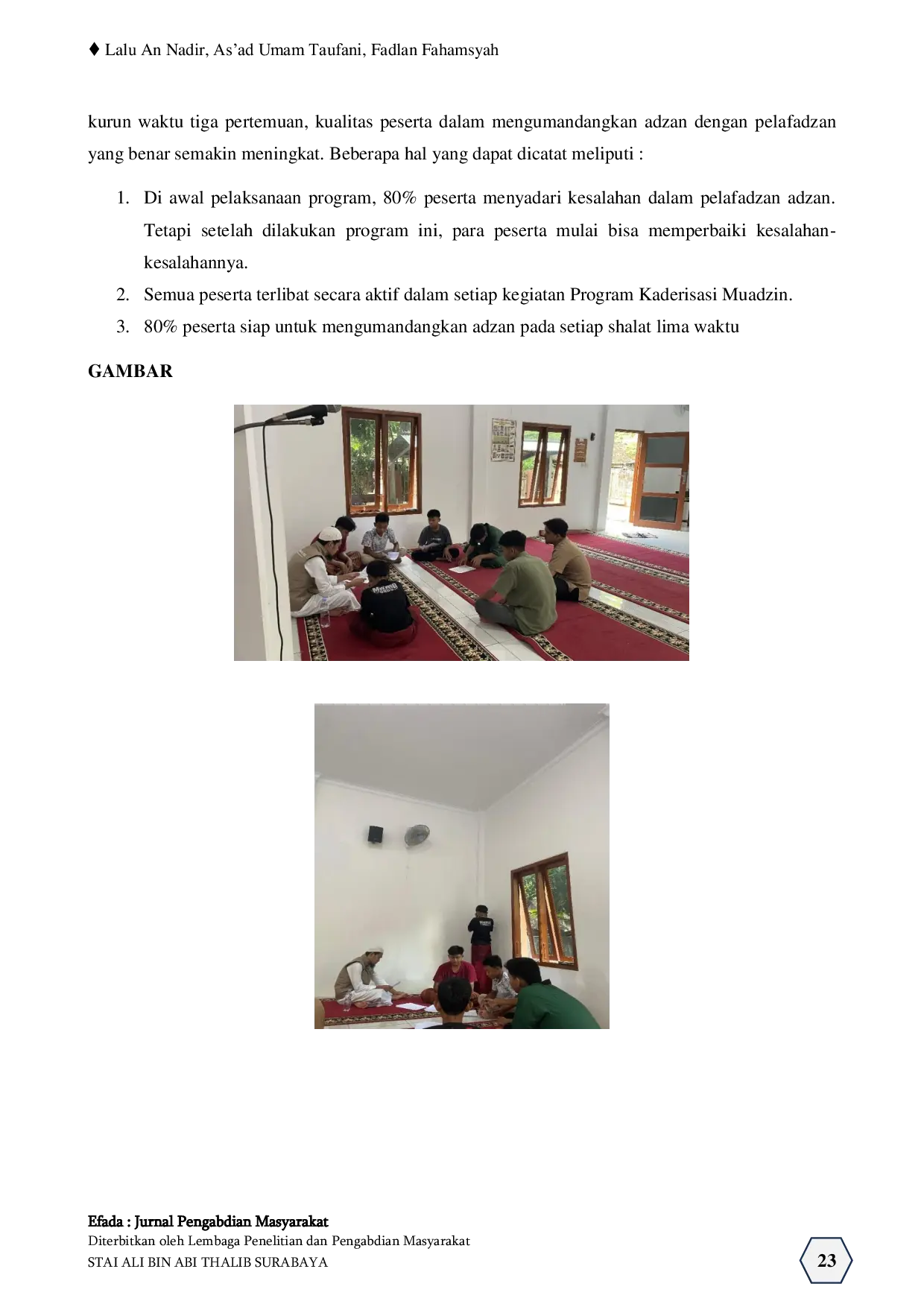 JURIS Peningkatan Kualitas Adzan Melalui Program Kaderisasi Muadzin di Masjid Amal Muhammad Ismail Kalurahan Planjan Kabupaten Gunungkidul