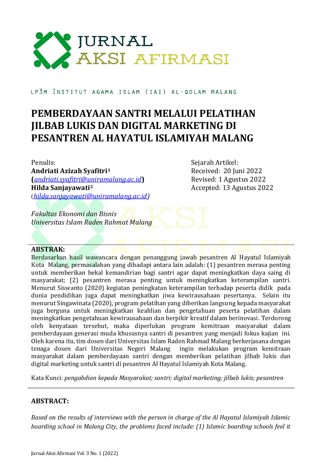 JURIS Pemberdayaan Santri melalui Pelatihan Jilbab Lukis dan Digital Marketing di Pesantren Al Hayatul Islamiyah Malang