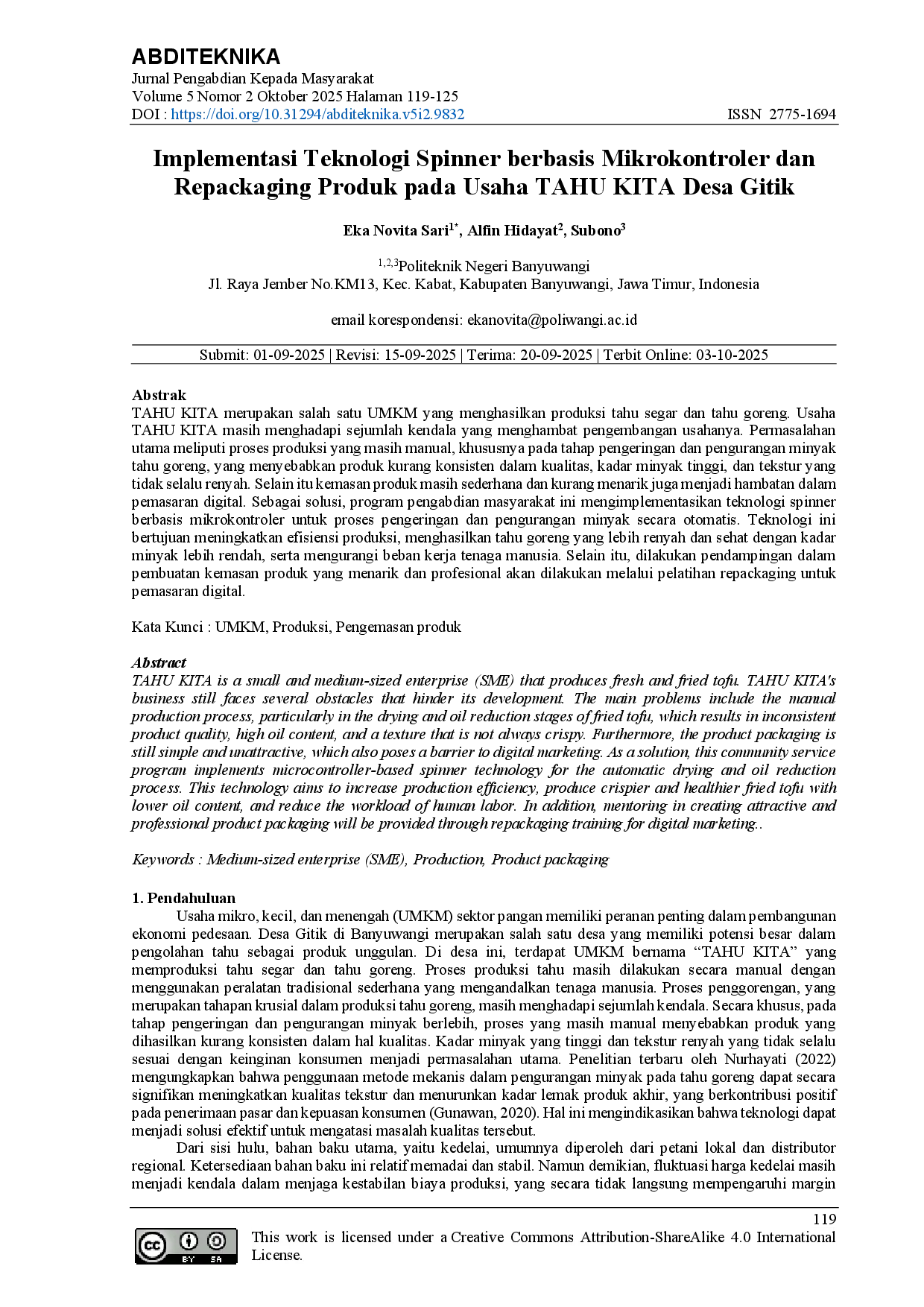 juris Implementasi Teknologi Spinner Berbasis Mikrokontroler Dan Repackaging Produk Pada Usaha Tahu Kita Desa Gitik