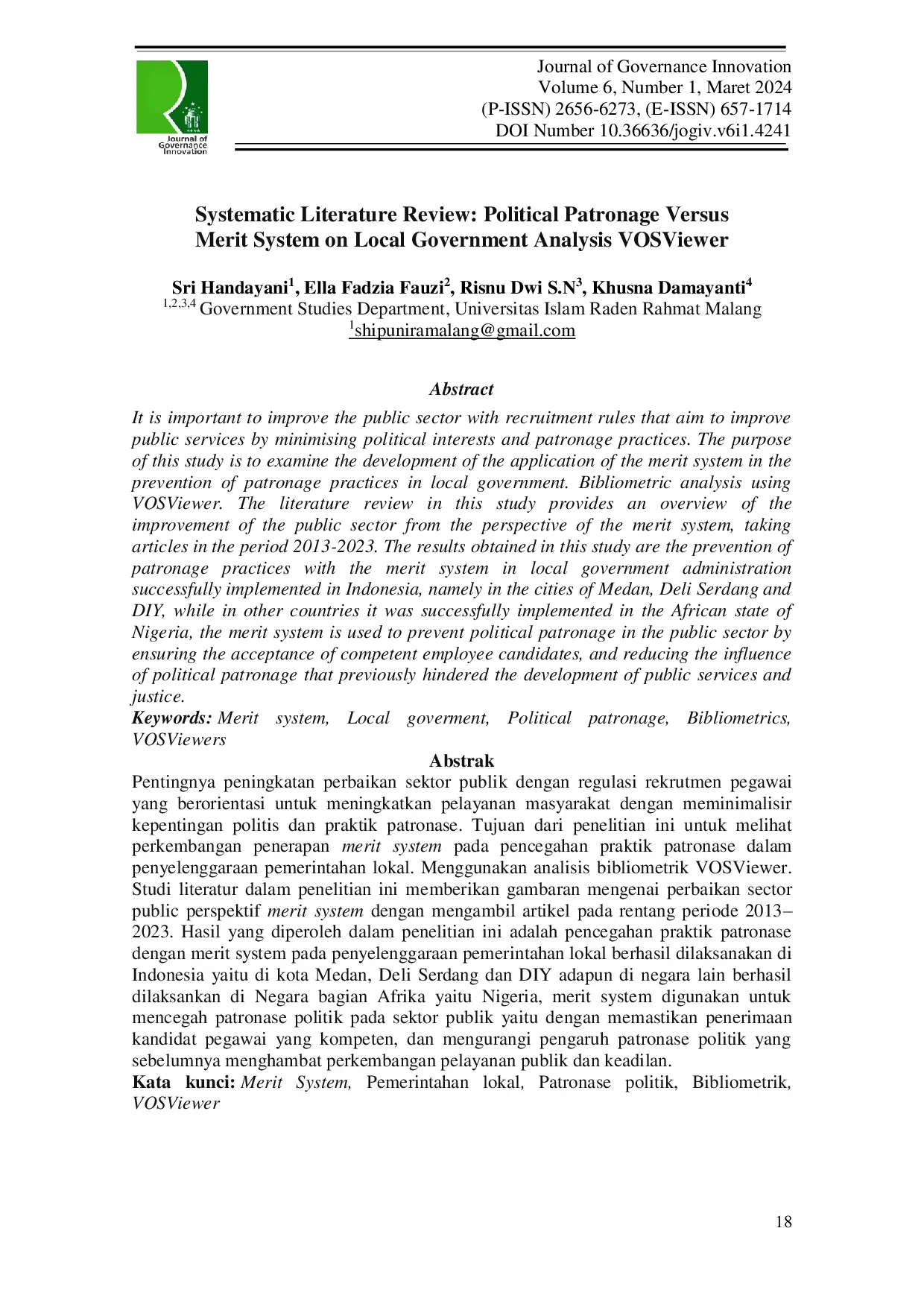 JURIS Systematic Literature Review Political Patronage Versus Merit System on Local Government Analysis VOSViewer