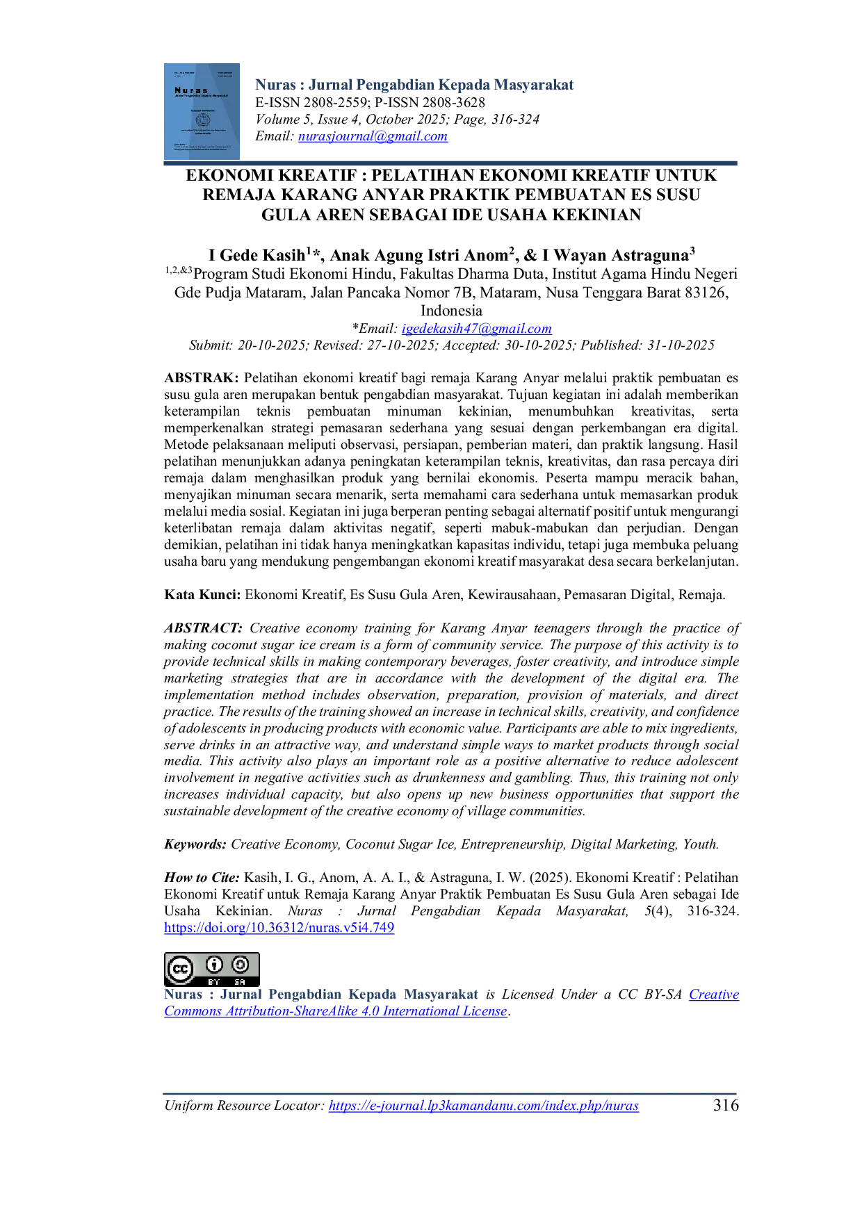 JURIS Ekonomi Kreatif Pelatihan Ekonomi Kreatif untuk Remaja Karang Anyar Praktik Pembuatan Es Susu Gula Aren sebagai Ide Usaha Kekinian