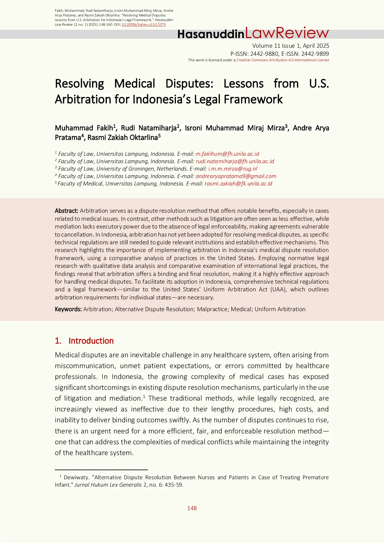 JURIS Resolving Medical Disputes Lessons from U S Arbitration for Indonesia s Legal Framework
