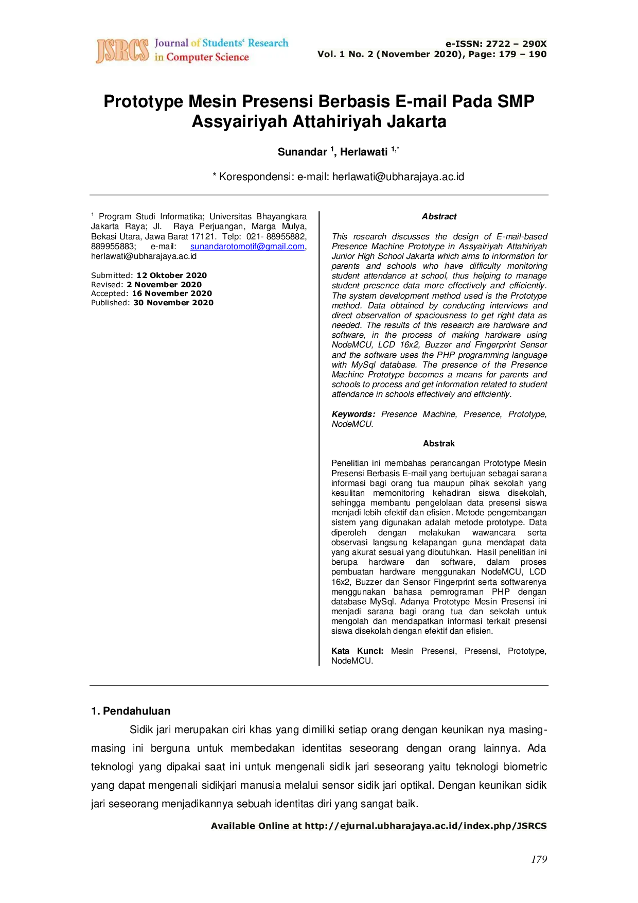 JURIS Prototype Mesin Presensi Berbasis E mail Pada SMP Assyairiyah Attahiriyah Jakarta
