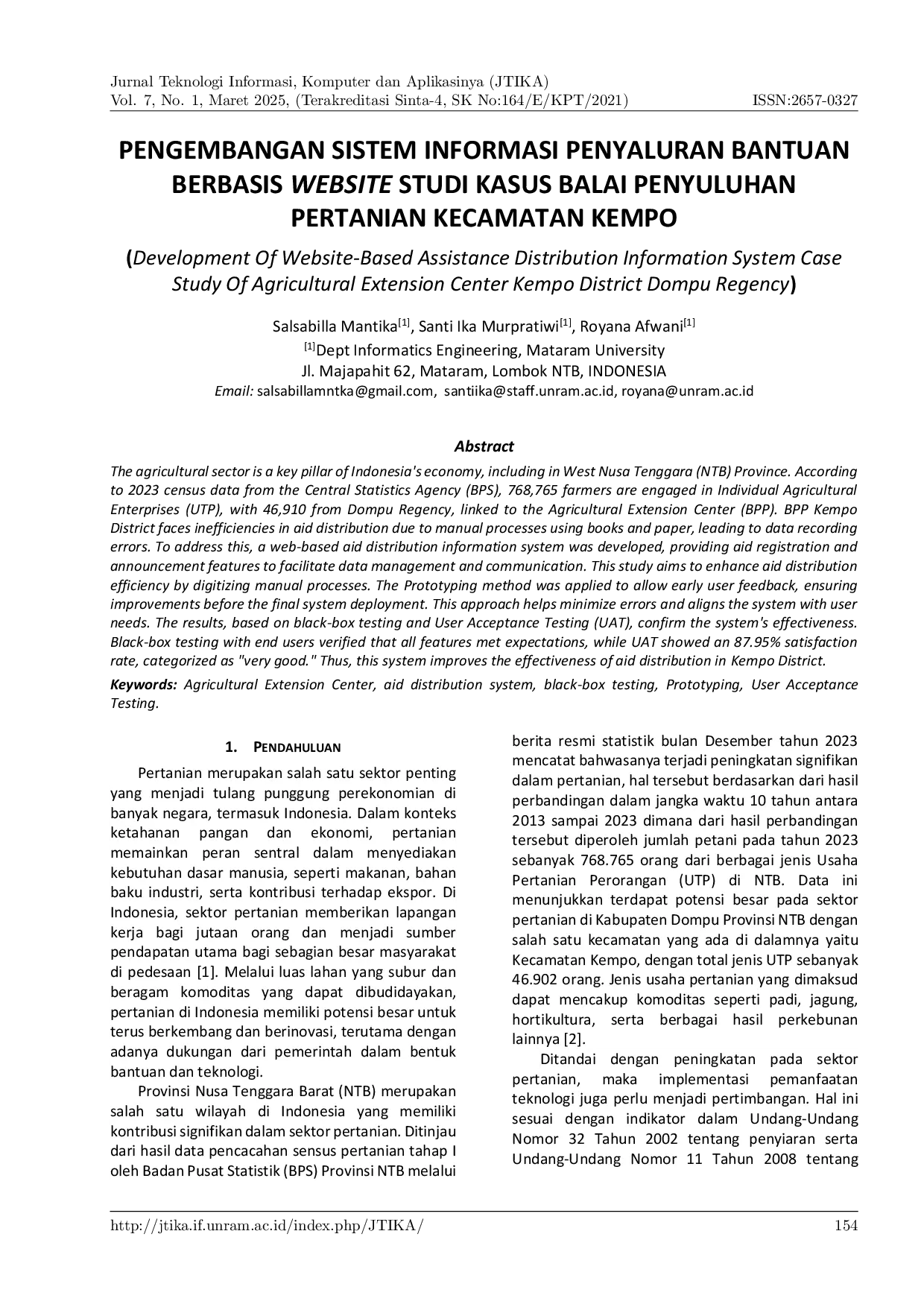 JURIS Pengembangan Sistem Informasi Penyaluran Bantuan Berbasis Website Studi Kasus Balai Penyuluhan Pertanian Kecamatan Kempo