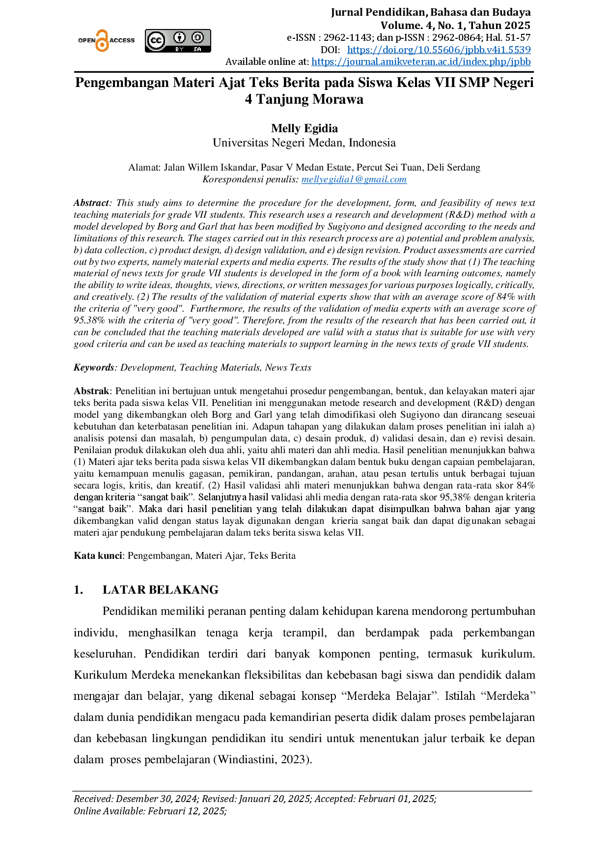 juris Pengembangan Materi Ajat Teks Berita pada Siswa Kelas VII SMP Negeri 4 Tanjung Morawa