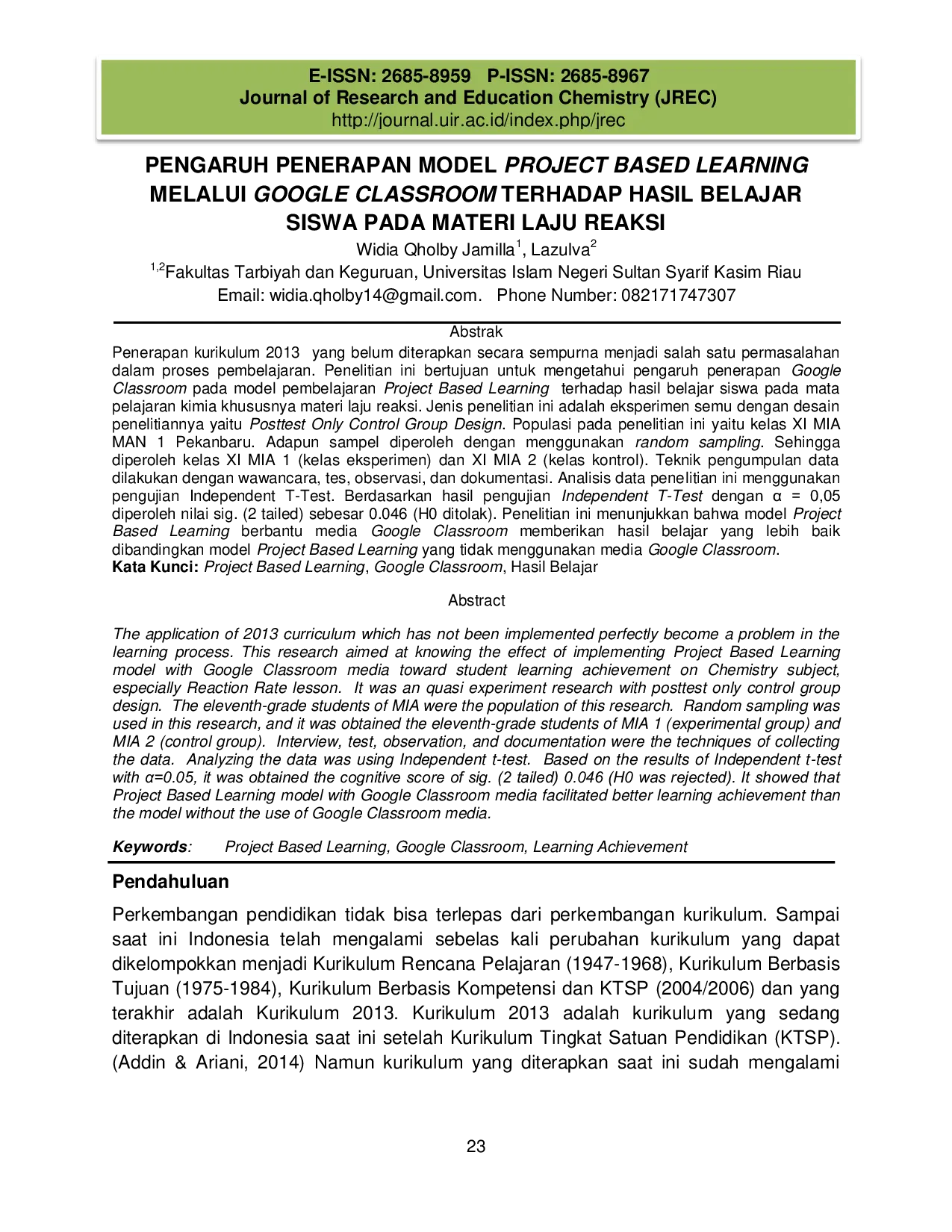 JURIS Pengaruh Penerapan Model Project Based Learning Melalui Google Classroom Terhadap Hasil Belajar Siswa Pada Materi Laju Reaksi