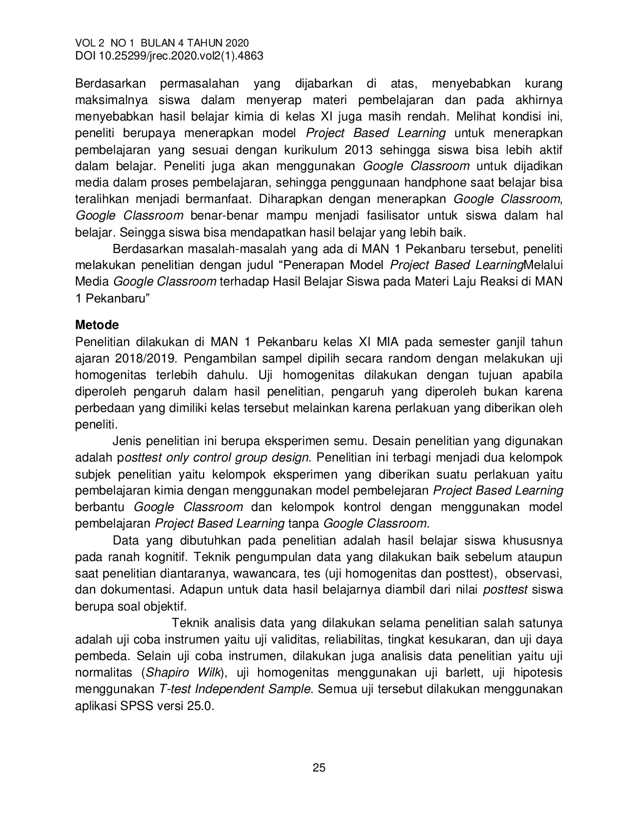 JURIS Pengaruh Penerapan Model Project Based Learning Melalui Google Classroom Terhadap Hasil Belajar Siswa Pada Materi Laju Reaksi