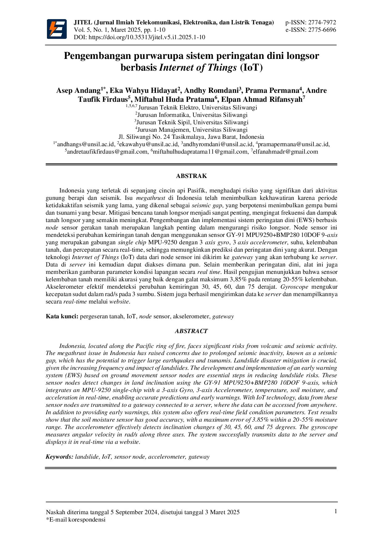 JURIS Pengembangan purwarupa sistem peringatan dini longsor berbasis Internet of Things IoT