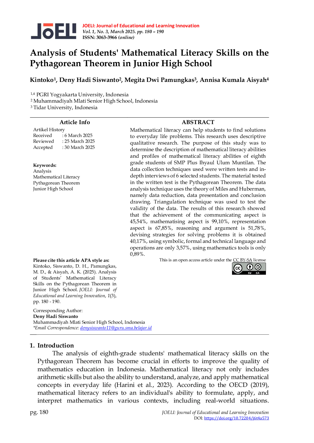 JURIS Analysis of Students Mathematical Literacy Skills on the Pythagorean Theorem in Junior High School
