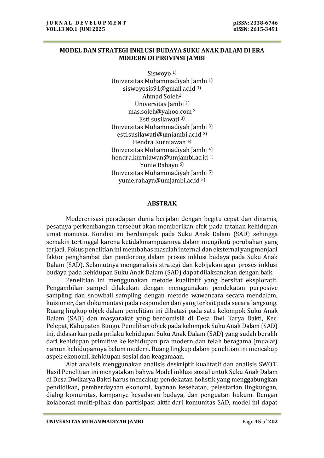 JURIS Model dan Strategi Inklusi Budaya Suku Anak Dalam di Era Modern di Provinsi Jambi