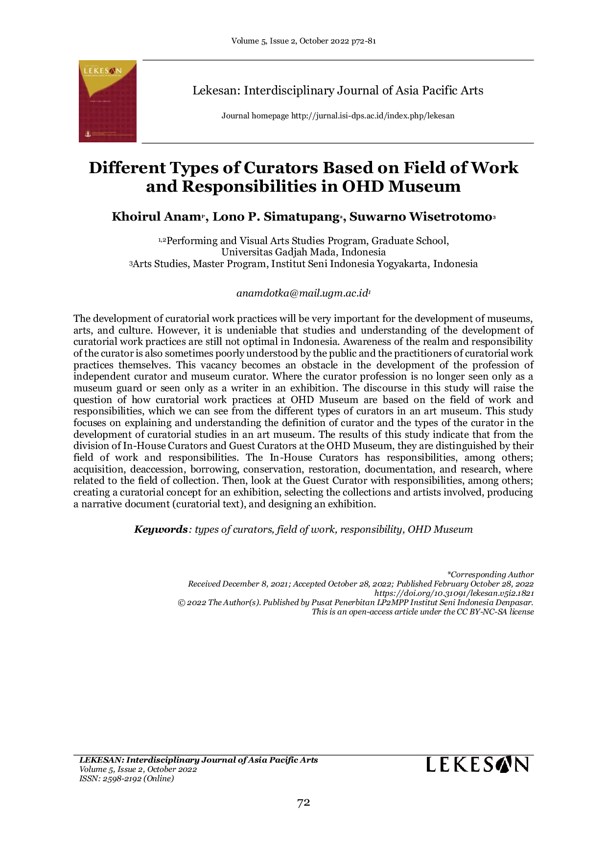 JURIS Different Types of Curators Based on Field of Work and Responsibilities in OHD Museum