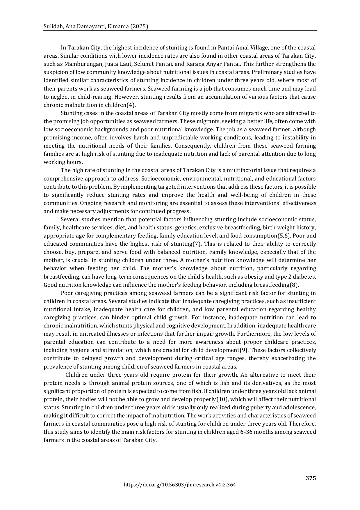 JURIS Risk Factors for Stunting in Children Aged 6 36 Months Among Seaweed Farmers in Coastal Areas