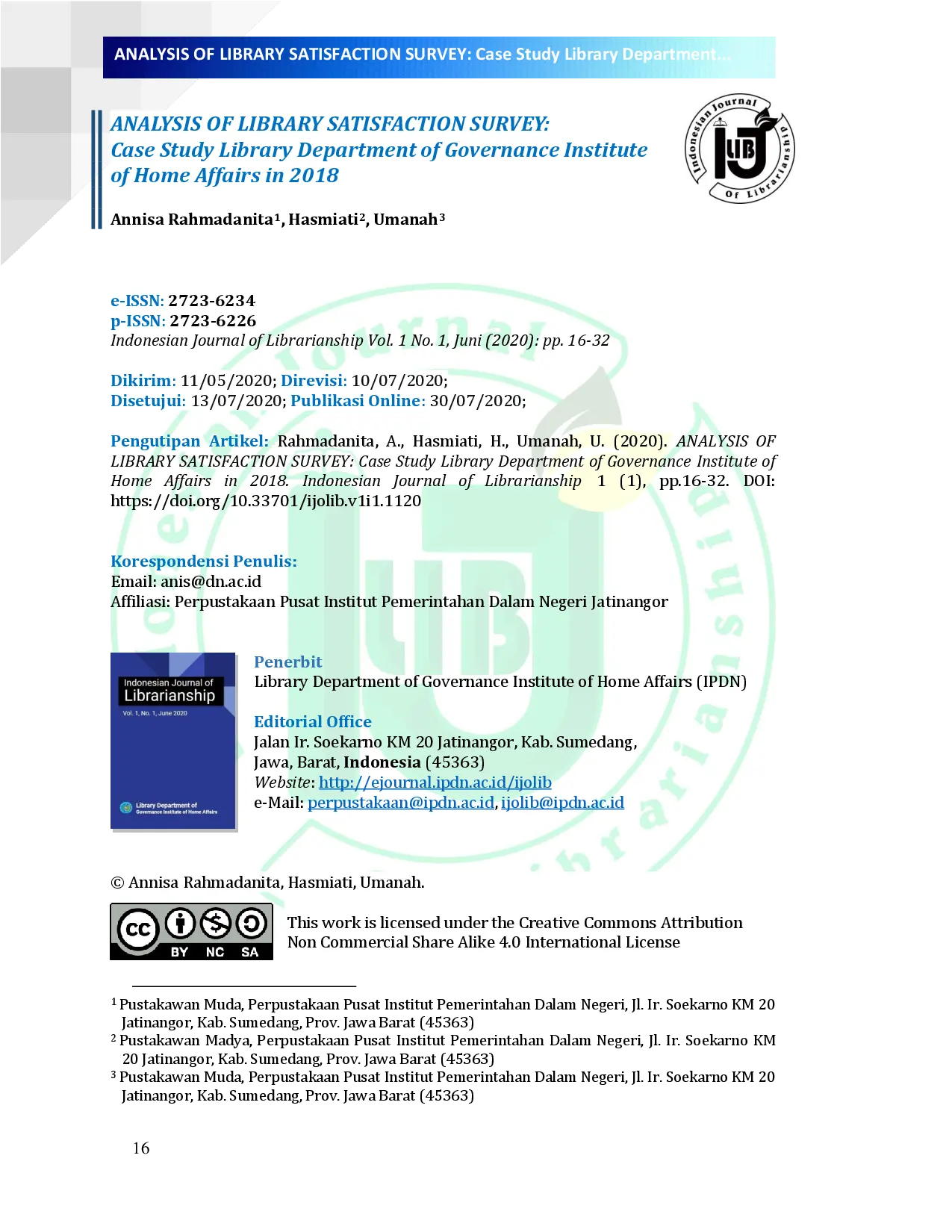 juris ANALYSIS OF LIBRARY SATISFACTION SURVEY Case Study Library Department of Governance Institute of Home Affairs in 2018