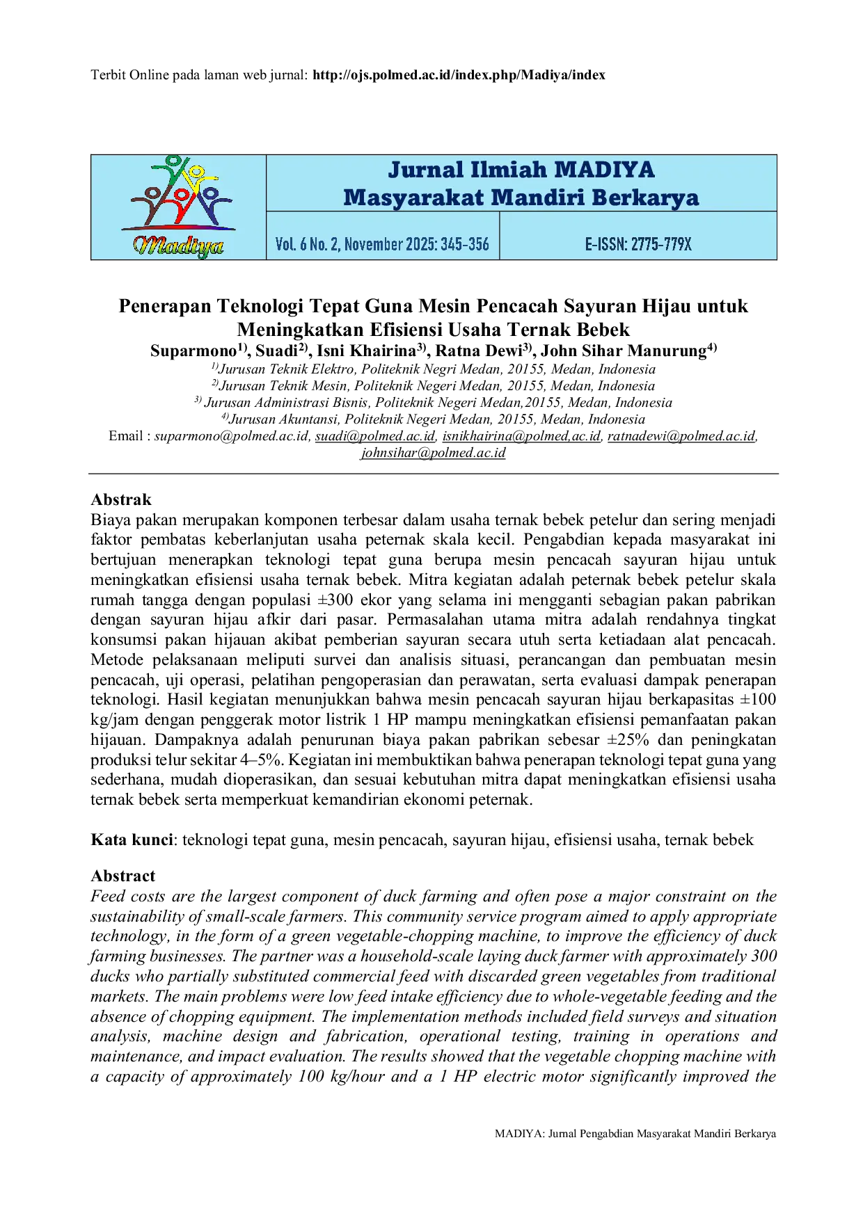 JURIS Penerapan Teknologi Tepat Guna Mesin Pencacah Sayuran Hijau untuk Meningkatkan Efisiensi Usaha Ternak Bebek