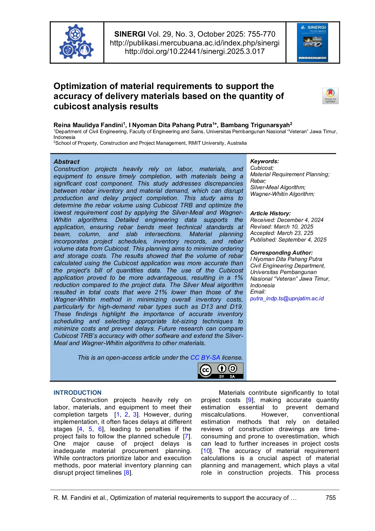 JURIS Optimization of material requirements to support the accuracy of delivery materials based on quantity of cubicost analysis results