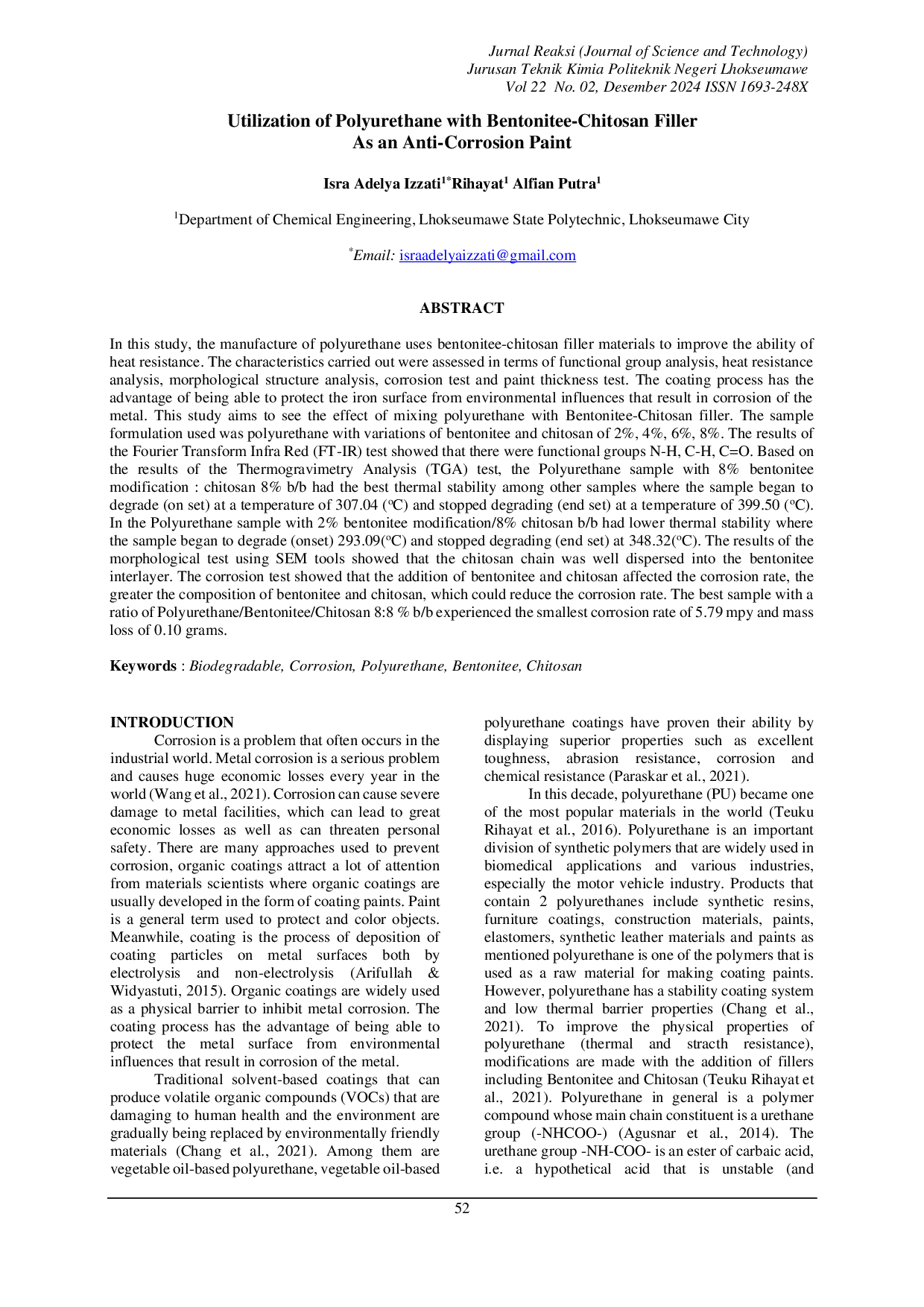 JURIS Utilization of Polyurethane with Bentonite Chitosan Filler As an Anti Corrosion Paint