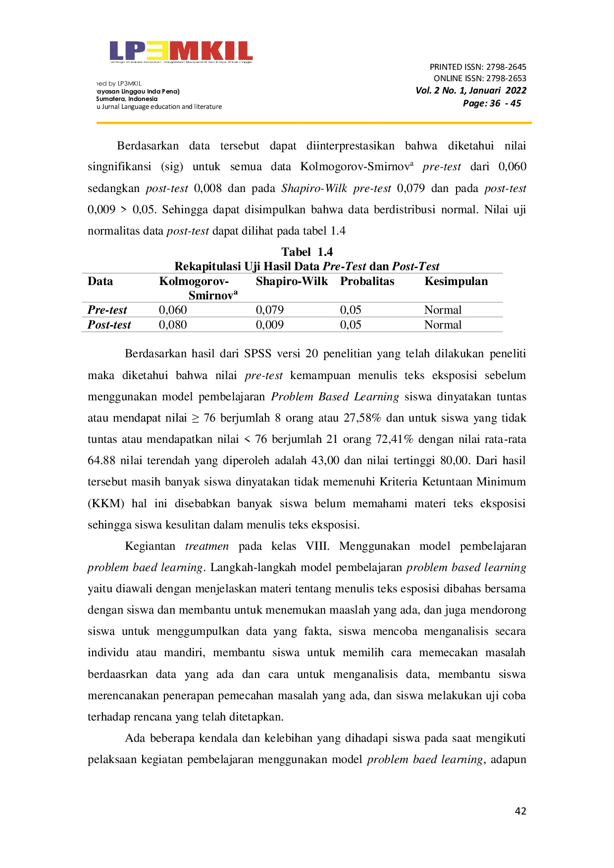 JURIS Efektivitas Model Pembelajaran Problem Based Learning terhadap Kemampuan Menulis Teks Eksposisi Kelas VIII Mts Mazro Illah Lubuklinggau