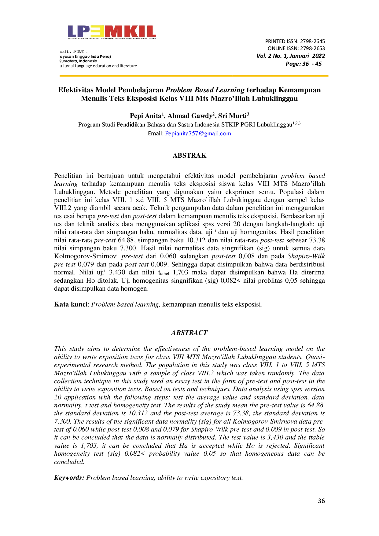 JURIS Efektivitas Model Pembelajaran Problem Based Learning terhadap Kemampuan Menulis Teks Eksposisi Kelas VIII Mts Mazro Illah Lubuklinggau