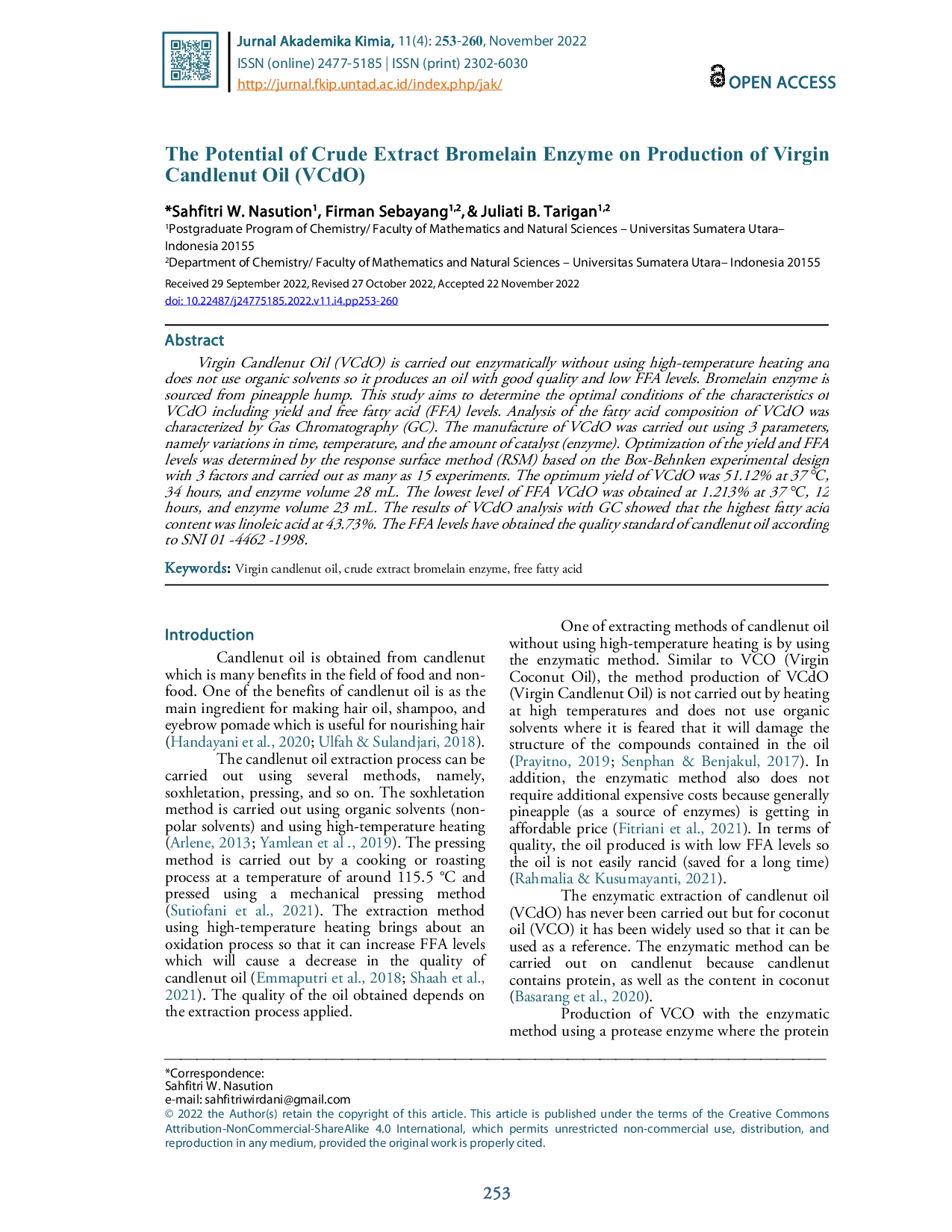 JURIS The Potential Of Crude Extract Bromelain Enzyme On Production Of Virgin Candlenut Oil VCdO