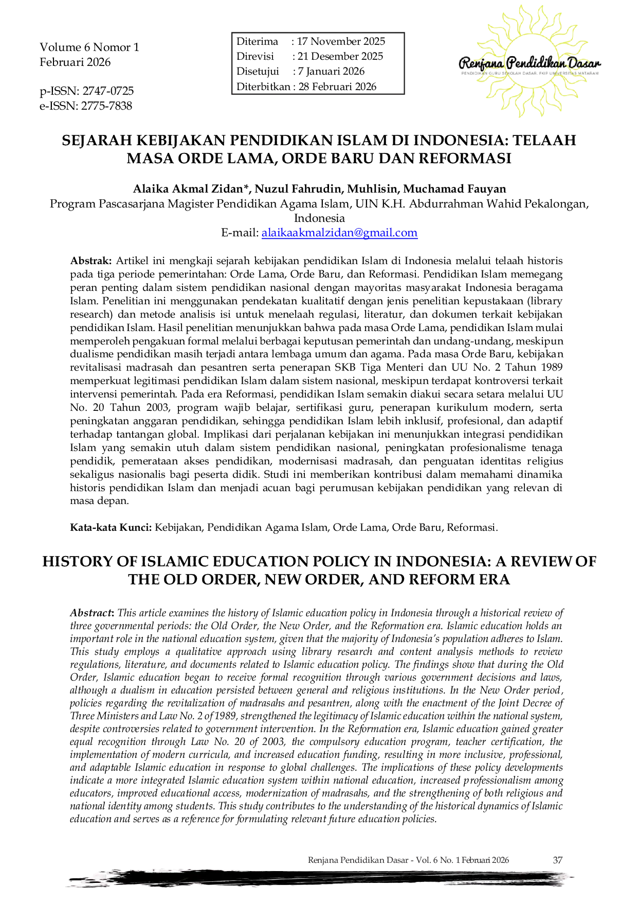 JURIS Sejarah Kebijakan Pendidikan Islam di Indonesia Telaah Historis Kebijakan Pendidikan Islam Masa Orde Lama Orde Baru dan Reformasi