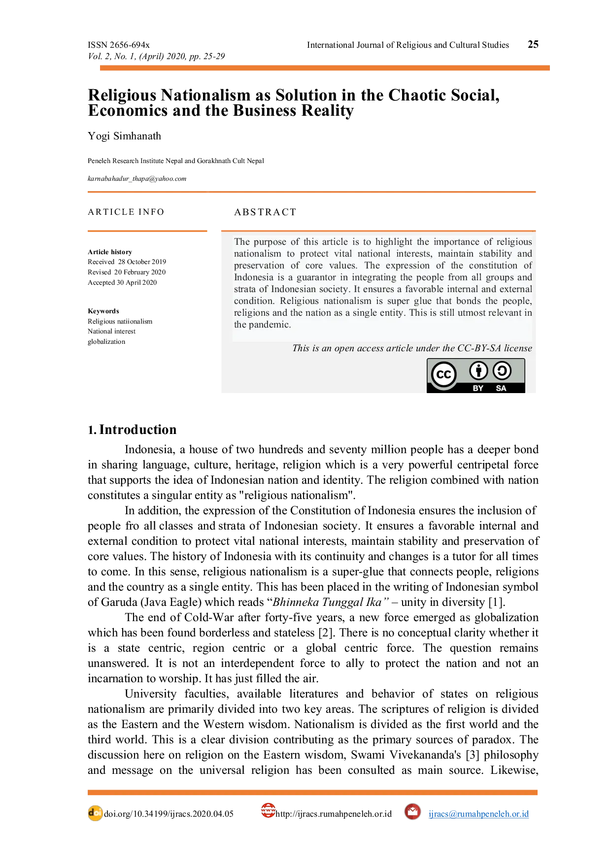 JURIS Religious Nationalism as Solution in the Chaotic Social Economics and the Business Reality