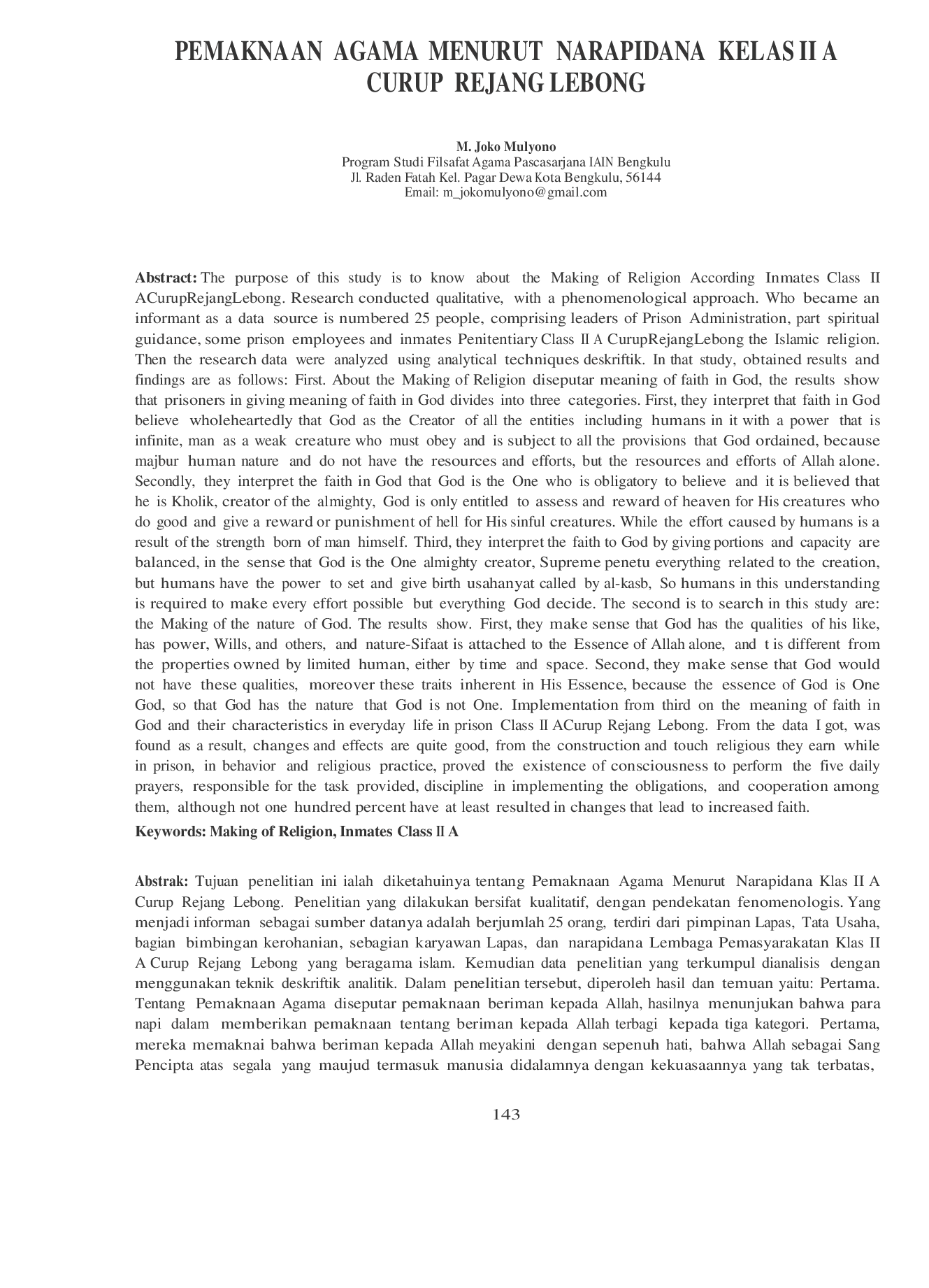 JURIS Pemaknaan Agama Menurut Narapidana Kelas II A Curup Rejang Lebong
