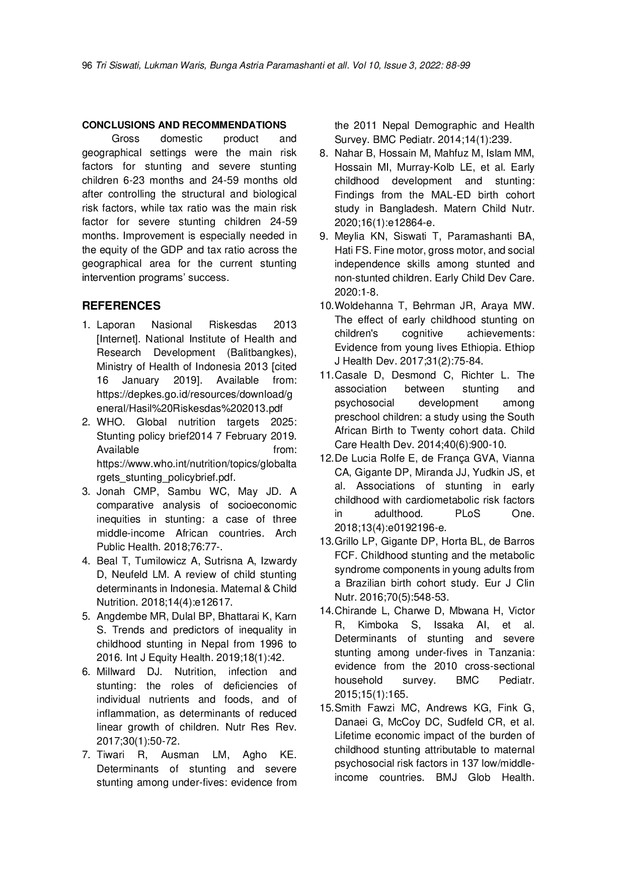 JURIS Gross Domestic Product and Geographic Area as Social Determinants of Child Stunting and Severe Stunting in Indonesia A Multilevel Analysis