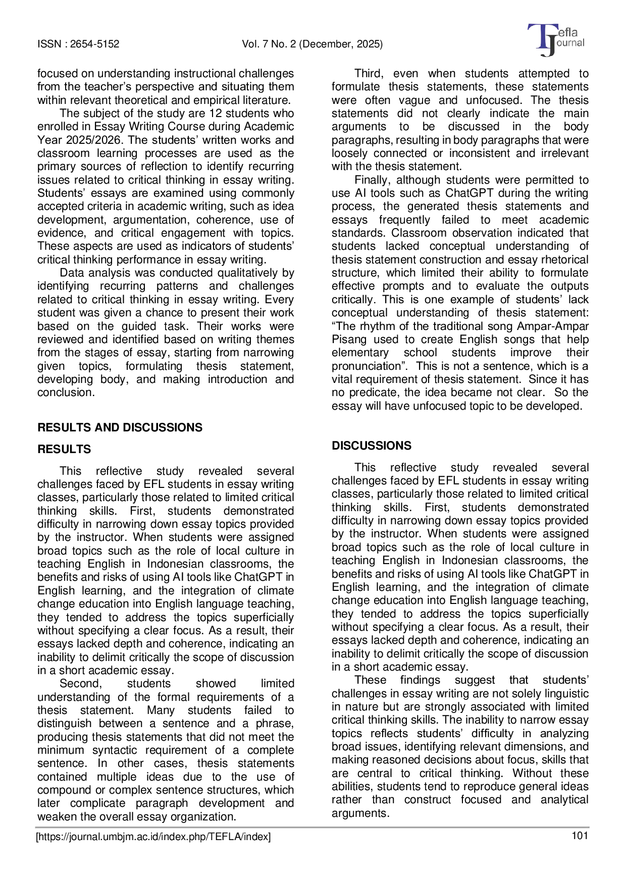 JURIS Challenges in Teaching Essay Writing A Reflection on Students Limited Critical Thinking Skills