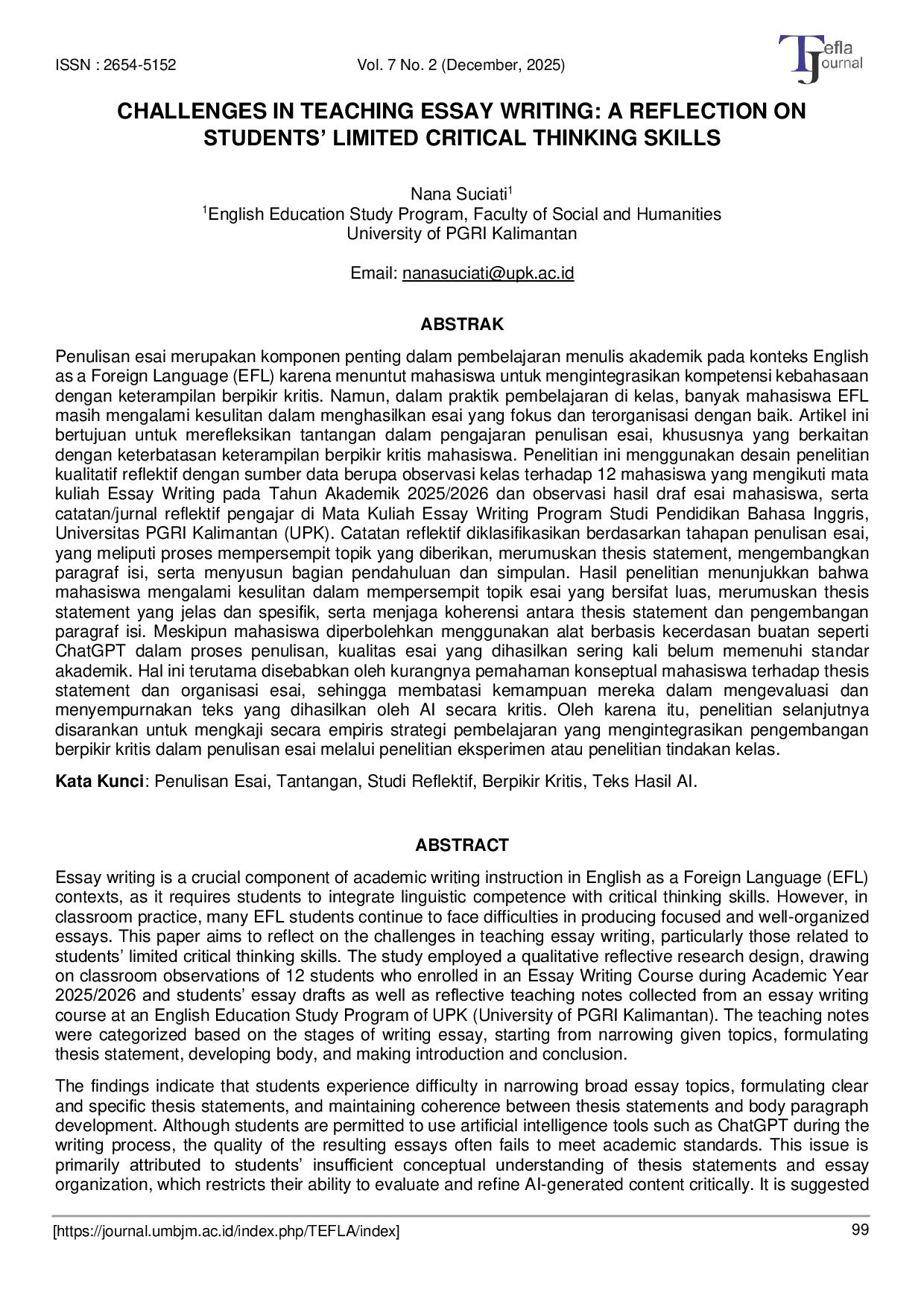 JURIS Challenges in Teaching Essay Writing A Reflection on Students Limited Critical Thinking Skills