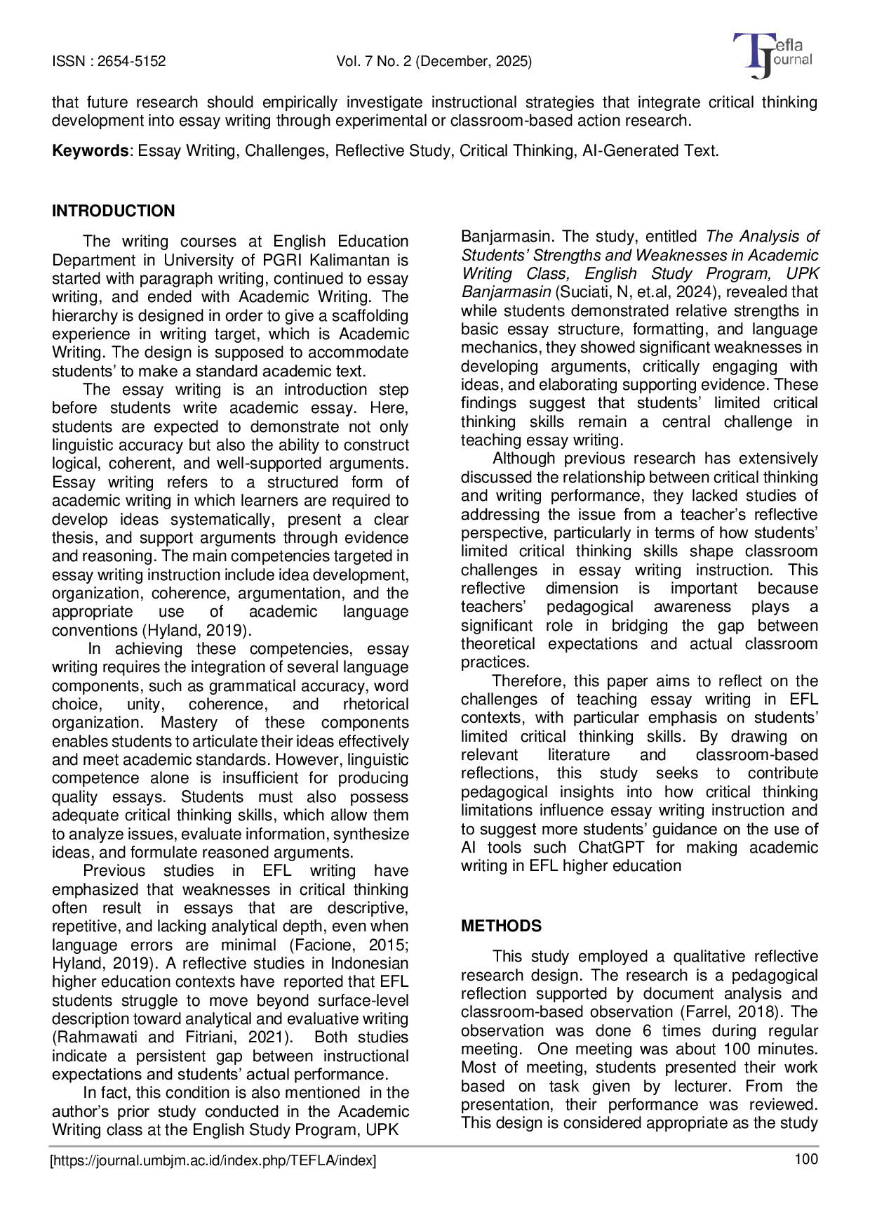 JURIS Challenges in Teaching Essay Writing A Reflection on Students Limited Critical Thinking Skills