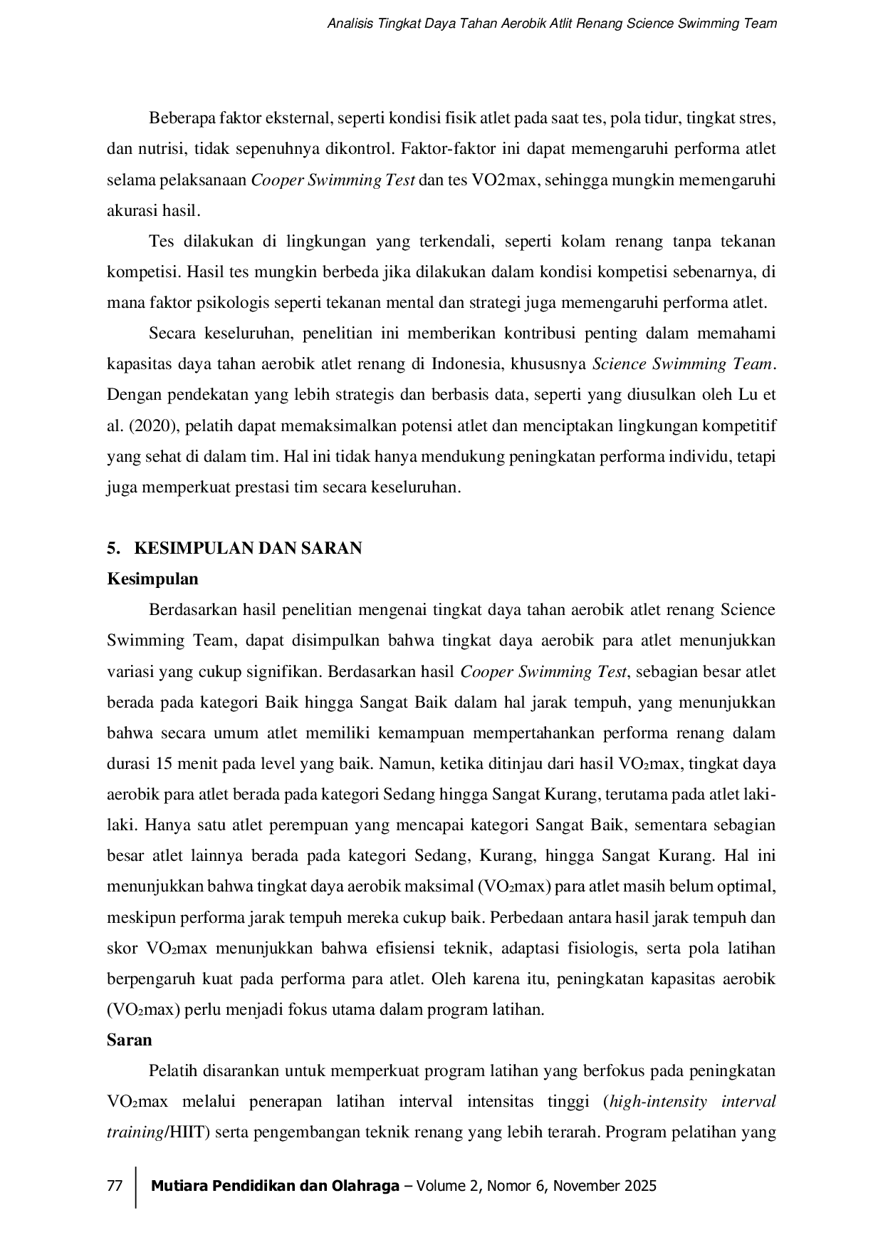 JURIS Analisis Tingkat Daya Tahan Aerobik Atlit Renang Science Swimming Team