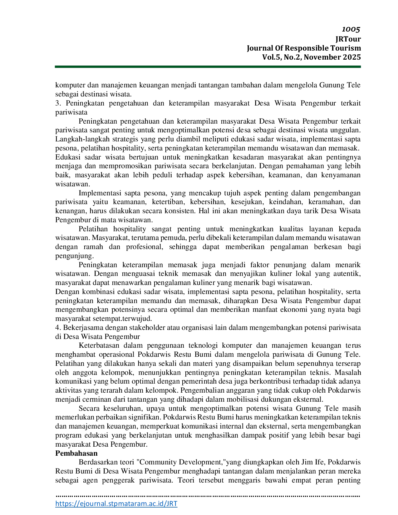 JURIS Peran Pokdarwis dalam Pengembangan Potensi Wisata Gunung Tele sebagai Daya Tarik Wisata Alternatif di Desa Wisata Pengembur