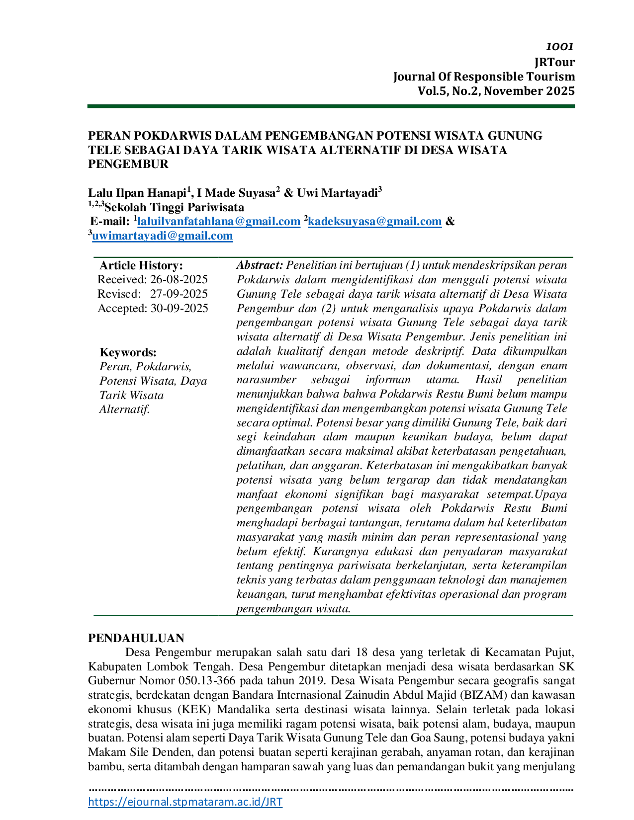 JURIS Peran Pokdarwis dalam Pengembangan Potensi Wisata Gunung Tele sebagai Daya Tarik Wisata Alternatif di Desa Wisata Pengembur
