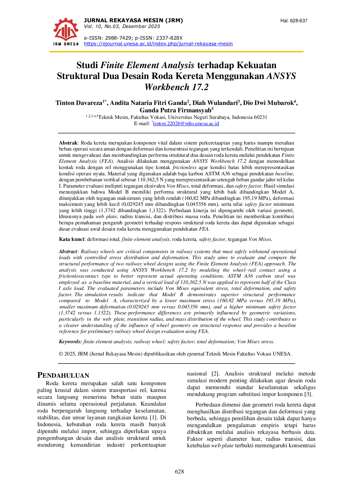 JURIS Finite Element Analysis Study of the Structural Strength of Two Wheel Train Design Using ANSYS Workbench 17 2