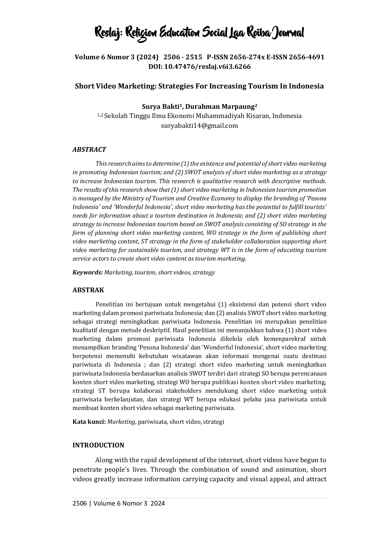 JURIS Short Video Marketing Strategies For Increasing Tourism In Indonesia