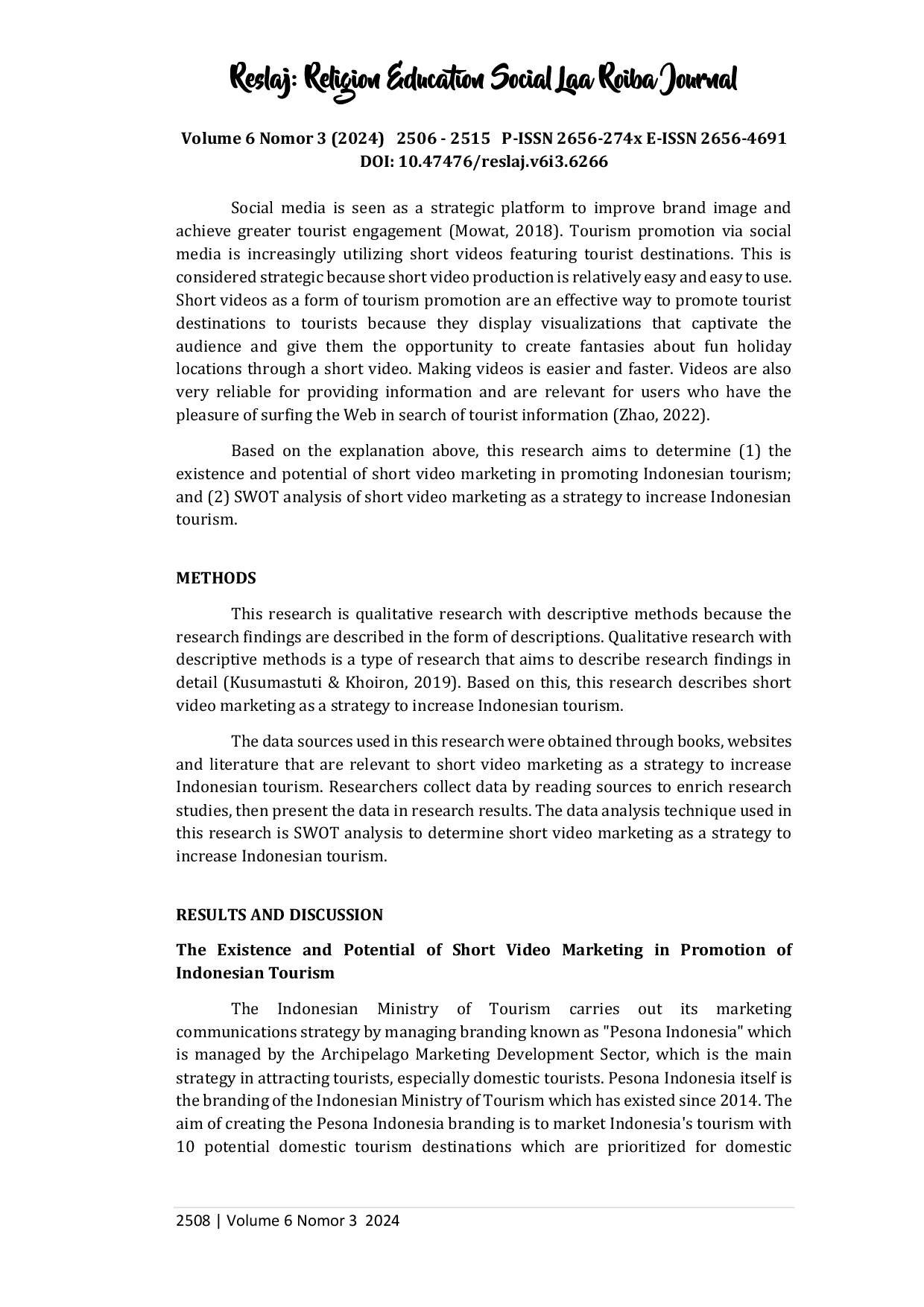 JURIS Short Video Marketing Strategies For Increasing Tourism In Indonesia