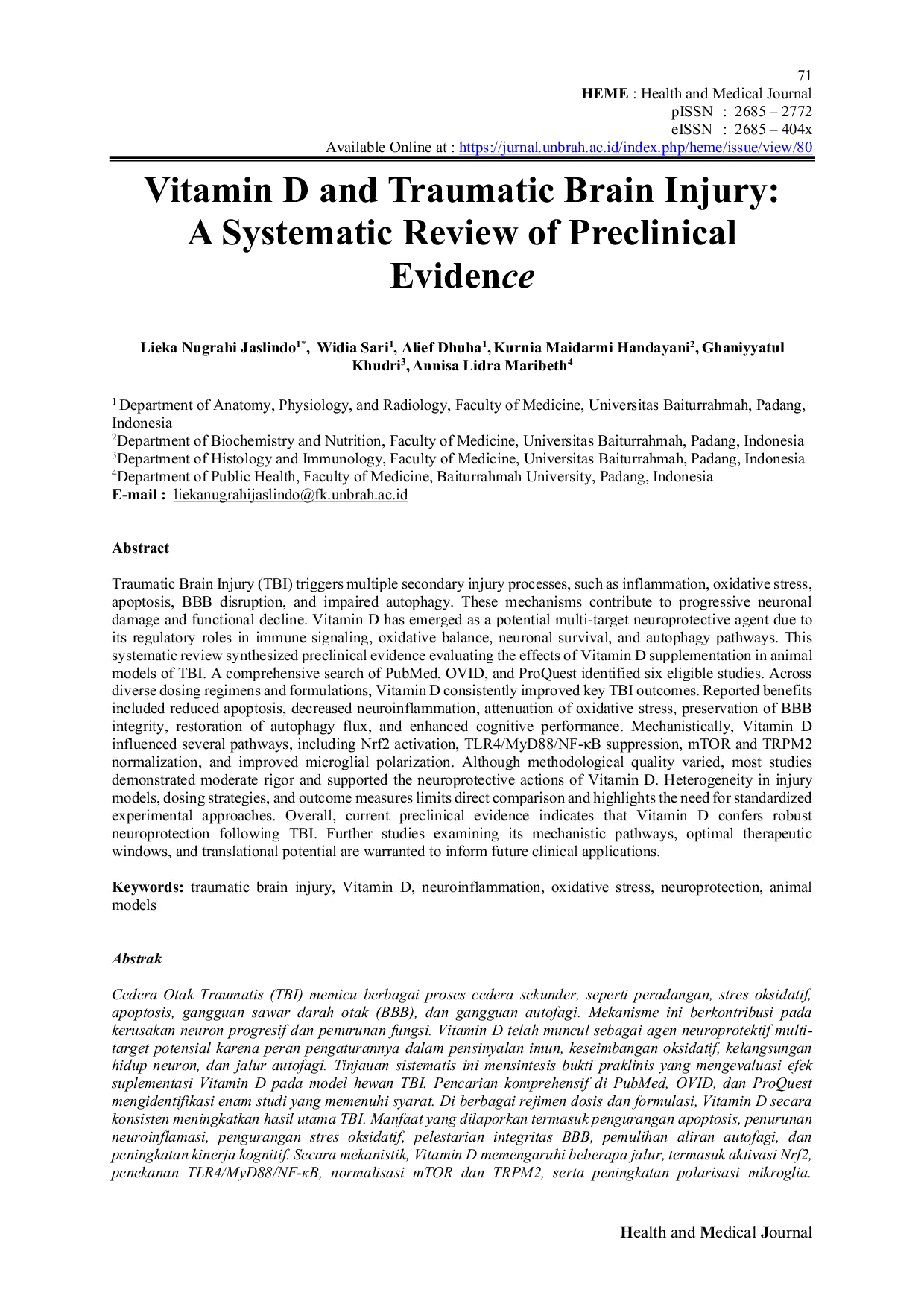 JURIS Vitamin D and Traumatic Brain Injury A Systematic Review of Preclinical Evidence