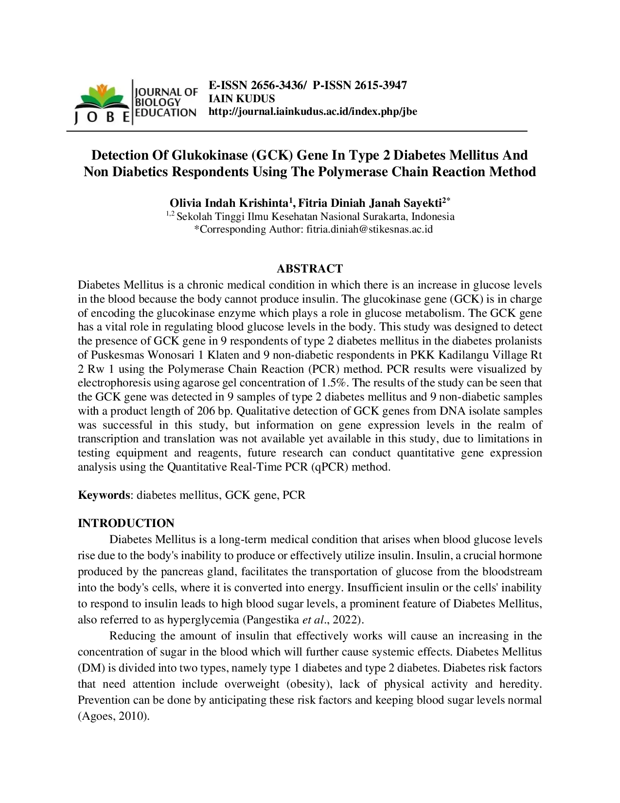 JURIS Detection Of Glukokinase GCK Gene In Type 2 Diabetes Mellitus And Non Diabetics Respondents Using The Polymerase Chain Reaction Method