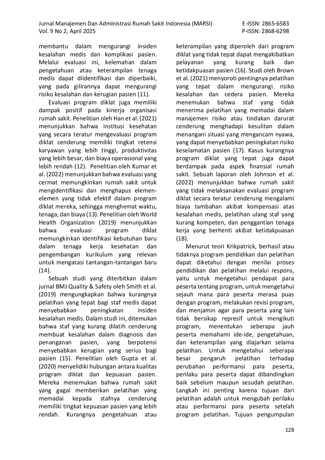 JURIS Evaluasi Efektivitas Pelatihan Peningkatan Mutu Keselamatan Pasien PMKP di Rumah Sakit Universitas Indonesia