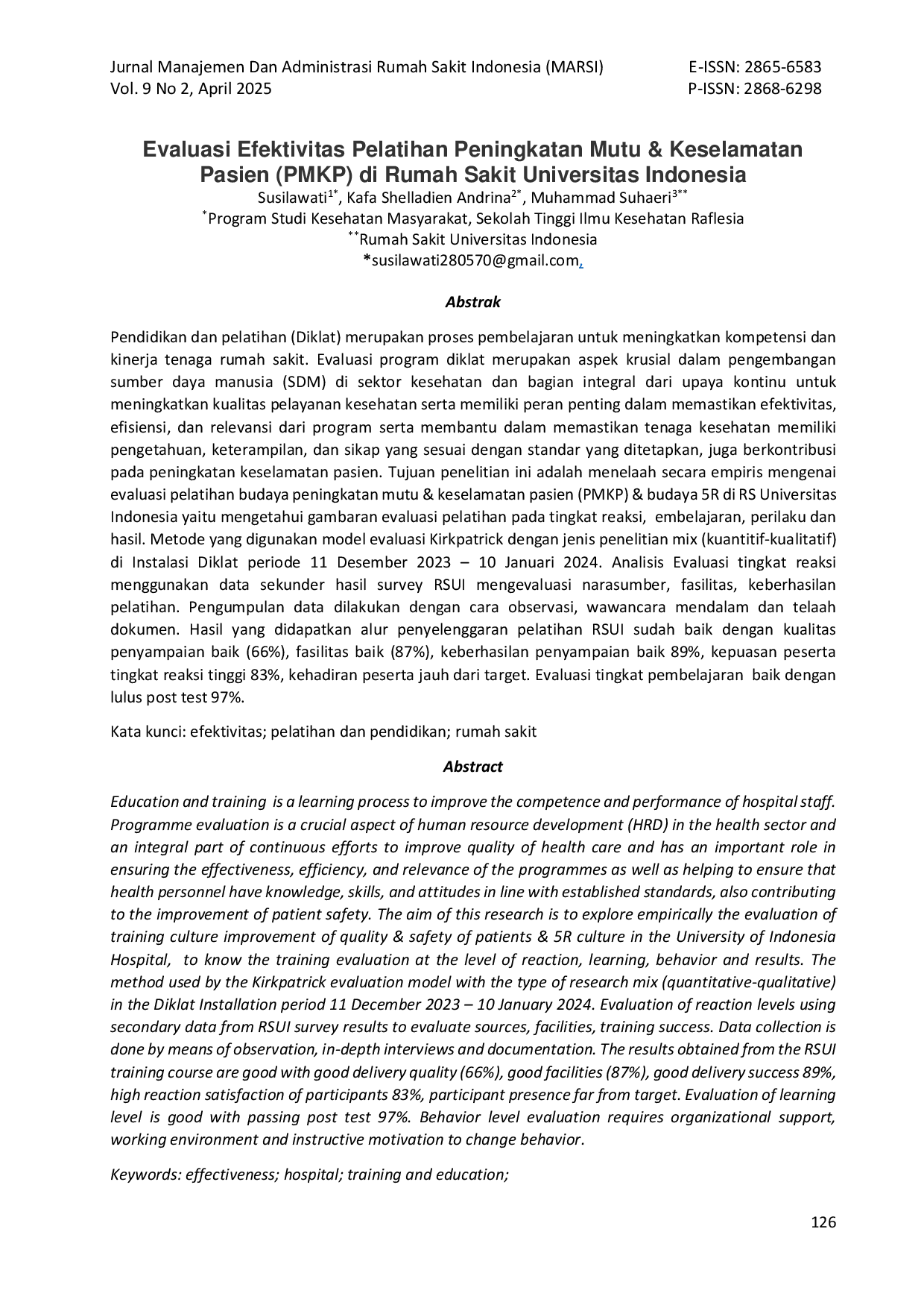 JURIS Evaluasi Efektivitas Pelatihan Peningkatan Mutu Keselamatan Pasien PMKP di Rumah Sakit Universitas Indonesia