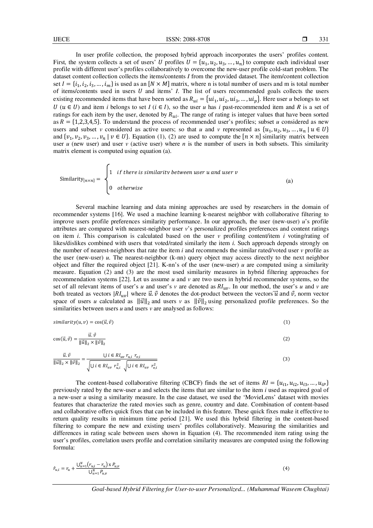 JURIS Goal based hybrid filtering for user to user Personalized Recommendation