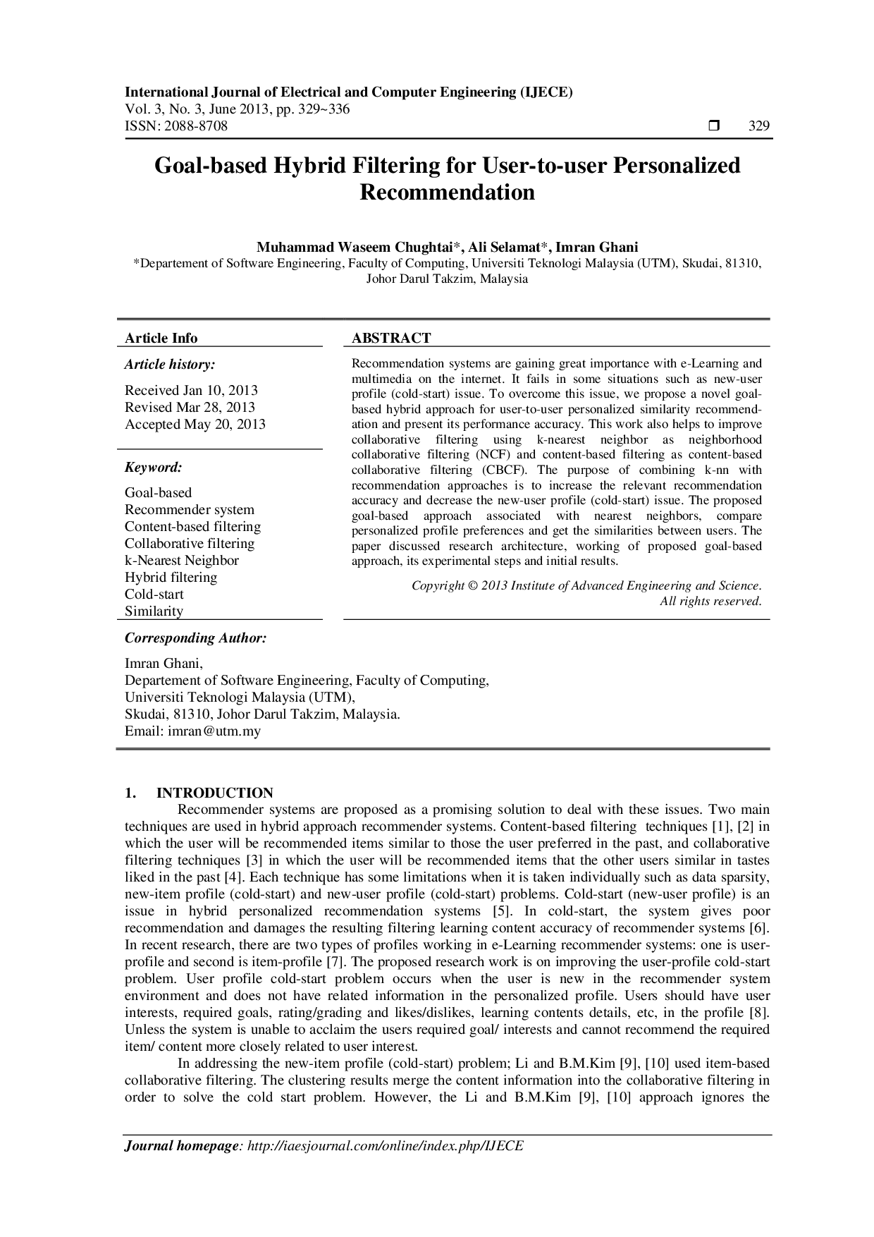 JURIS Goal based hybrid filtering for user to user Personalized Recommendation