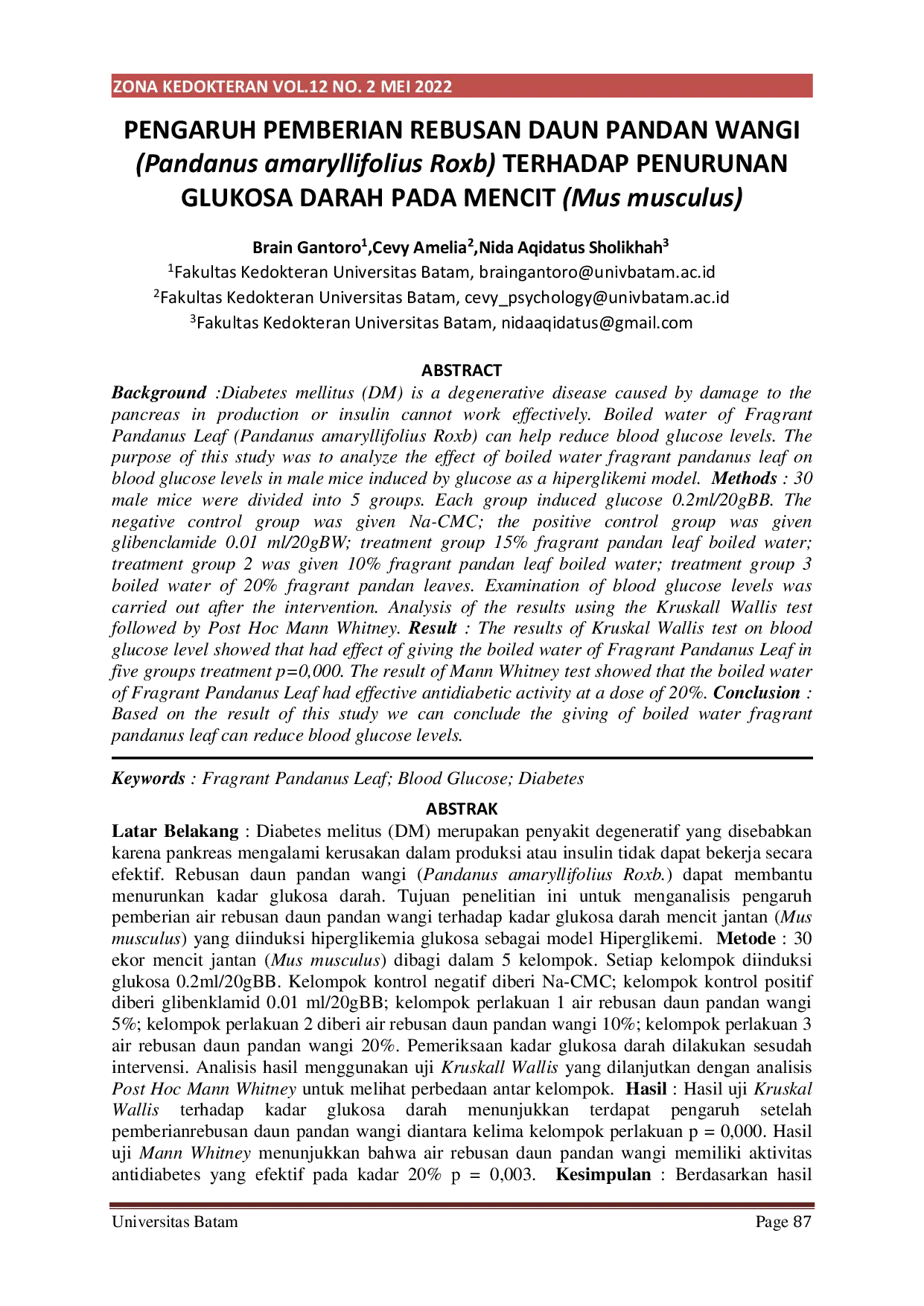 JURIS Pengaruh Pemberian Rebusan Daun Pandan Wangi Pandanus amaryllifolius Roxb Terhadap Penurunan Glukosa Darah Pada Mencit Mus musculus