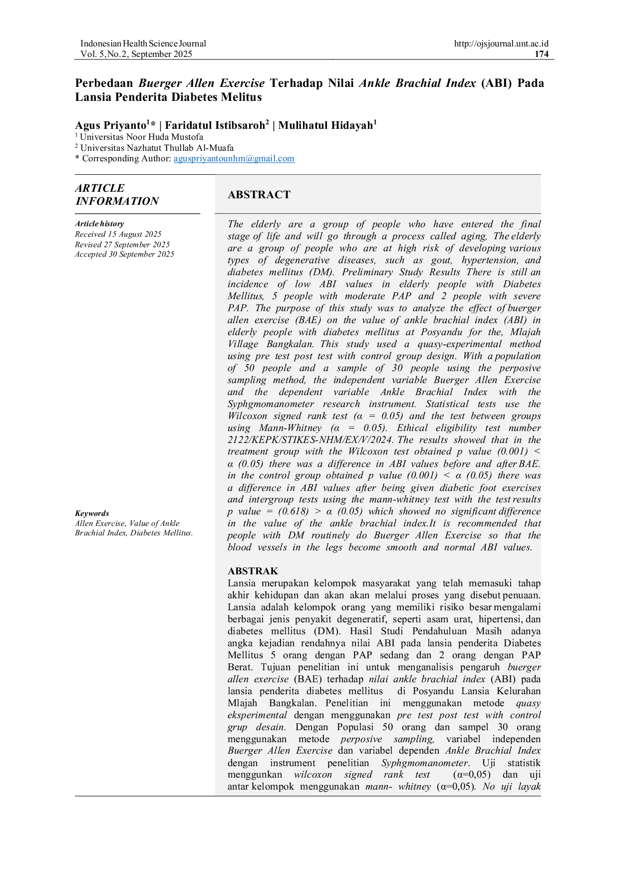 JURIS Perbedaan Buerger Allen Exercise Terhadap Nilai Ankle Brachial Index ABI Pada Lansia Penderita Diabetes Melitus