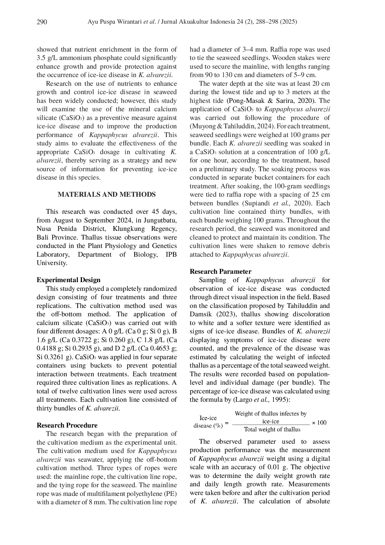JURIS The effectiveness of calcium silicate in preventing ice ice disease and production performance of Kappaphycus alvarezii