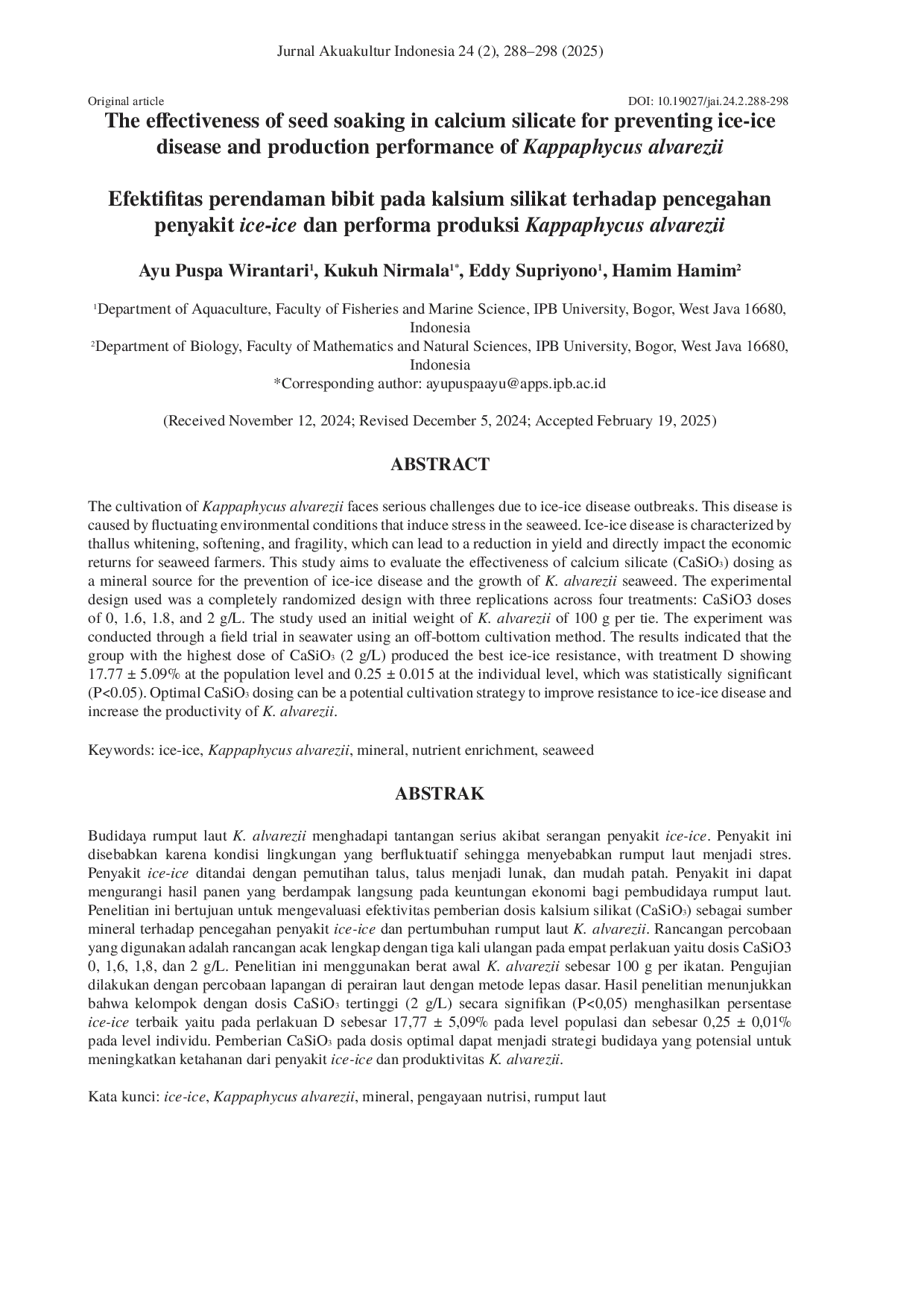 JURIS The effectiveness of calcium silicate in preventing ice ice disease and production performance of Kappaphycus alvarezii