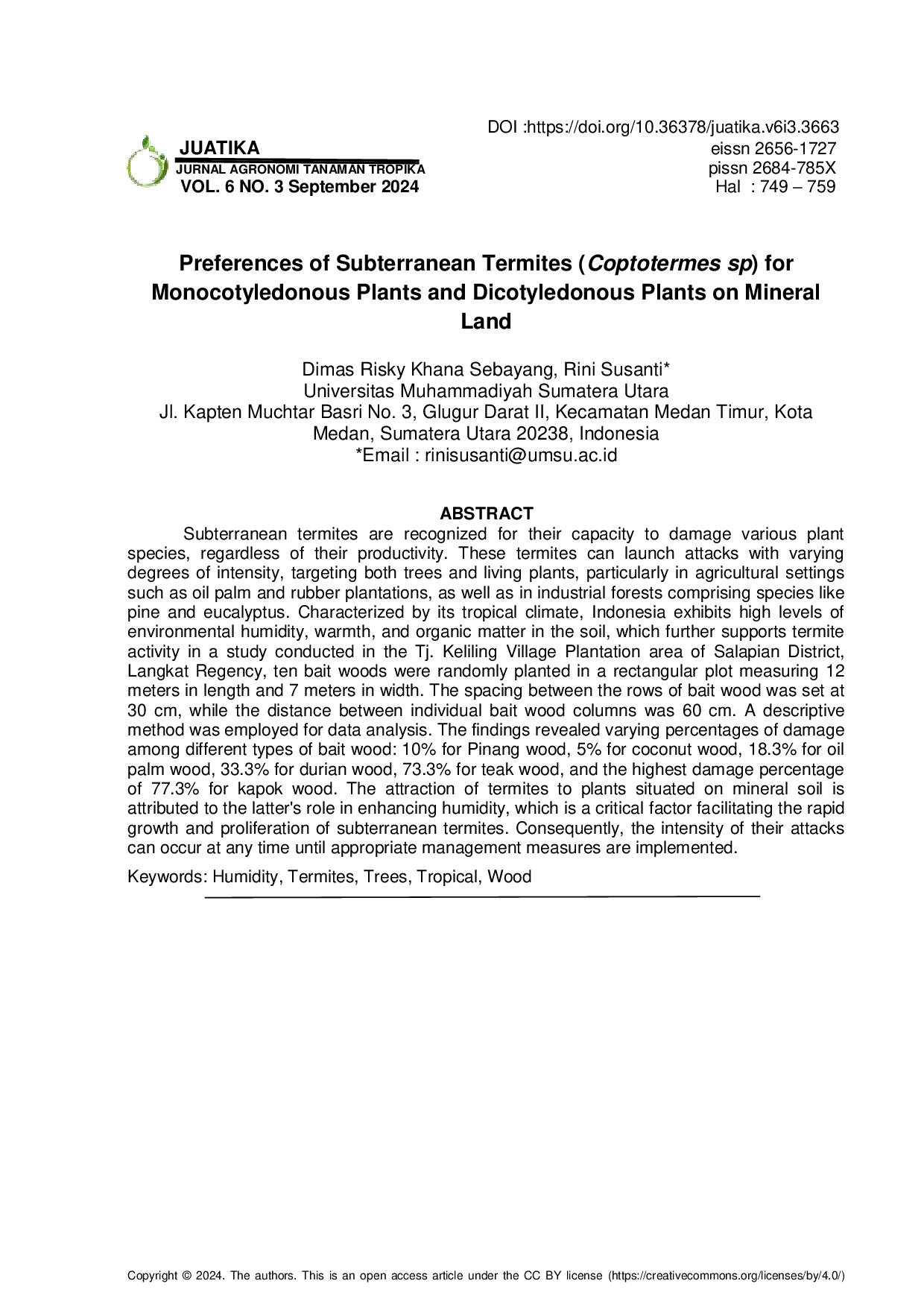 JURIS Preferences of Subterranean Termites Coptotermes sp for Monocotyledonous Plants and Dicotyledonous Plants on Mineral Land