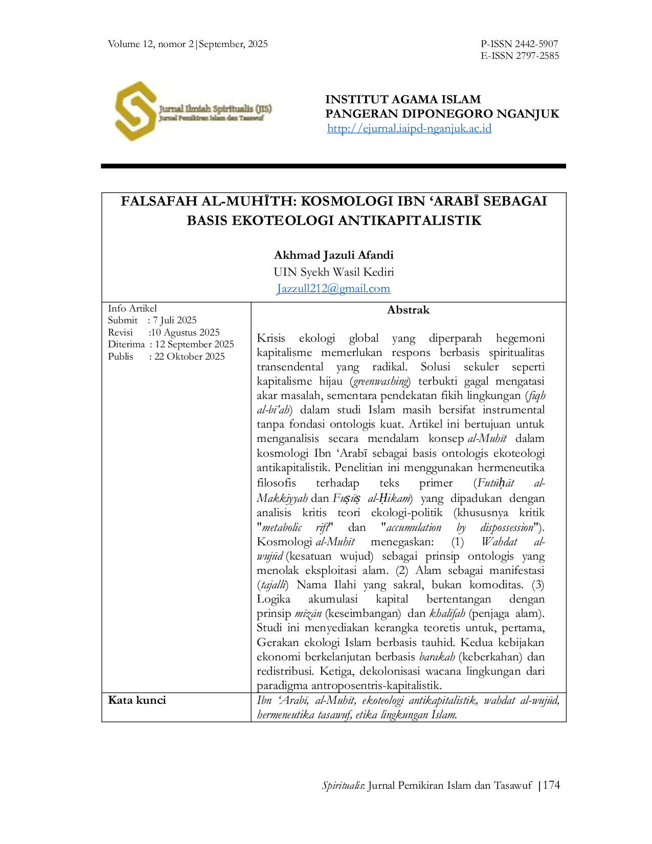 JURIS Falsafah Al Muhth Kosmologi Ibn Arab Sebagai Basis Ekoteologi Antikapitalistik